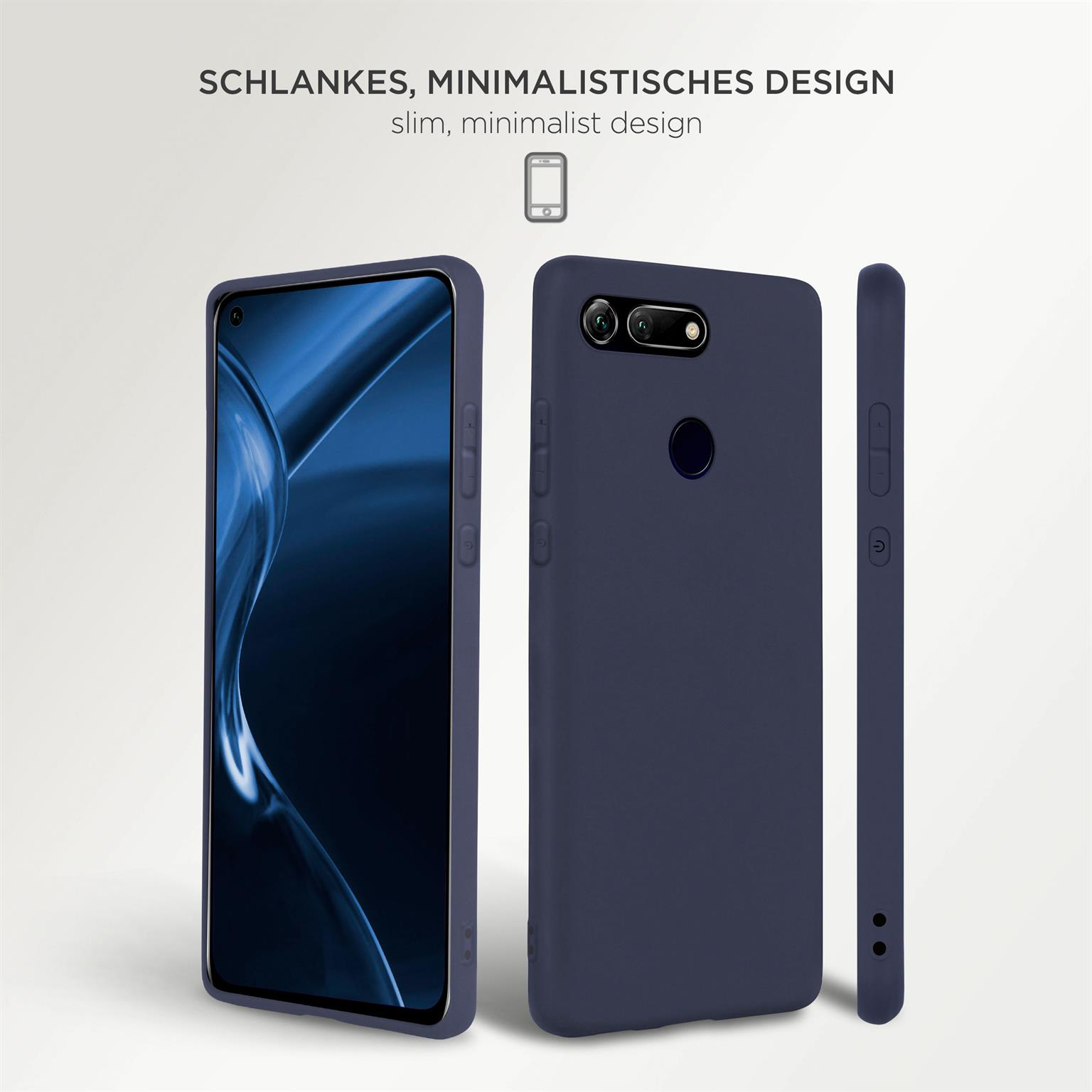 Drei Ansichten eines marineblauen Telefons in einer marineblauen Hülle, auf weißem Hintergrund platziert.