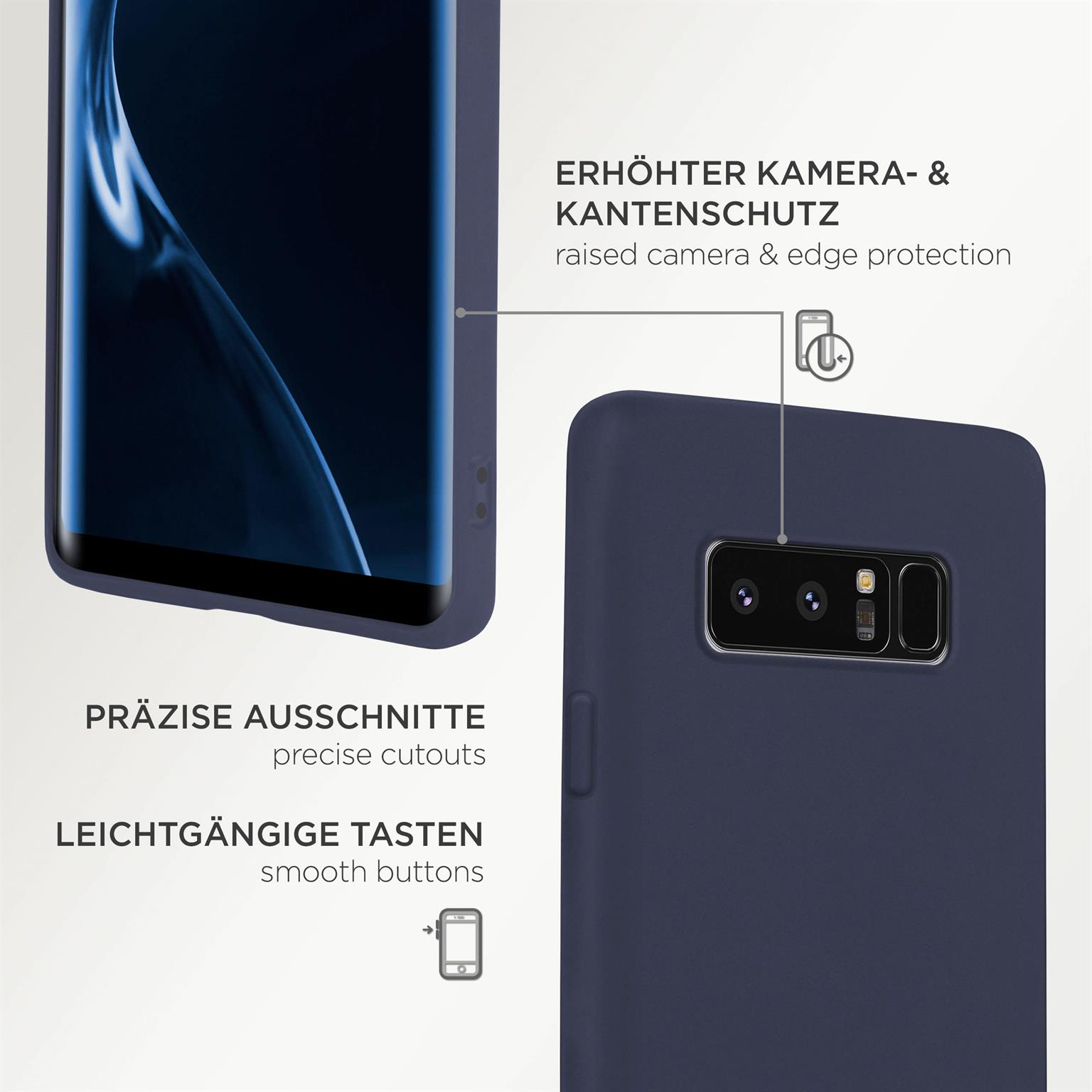 Dunkelblaue Handyhülle mit präzisen Aussparungen, erhöhtem Kamera- und Kantenschutz.