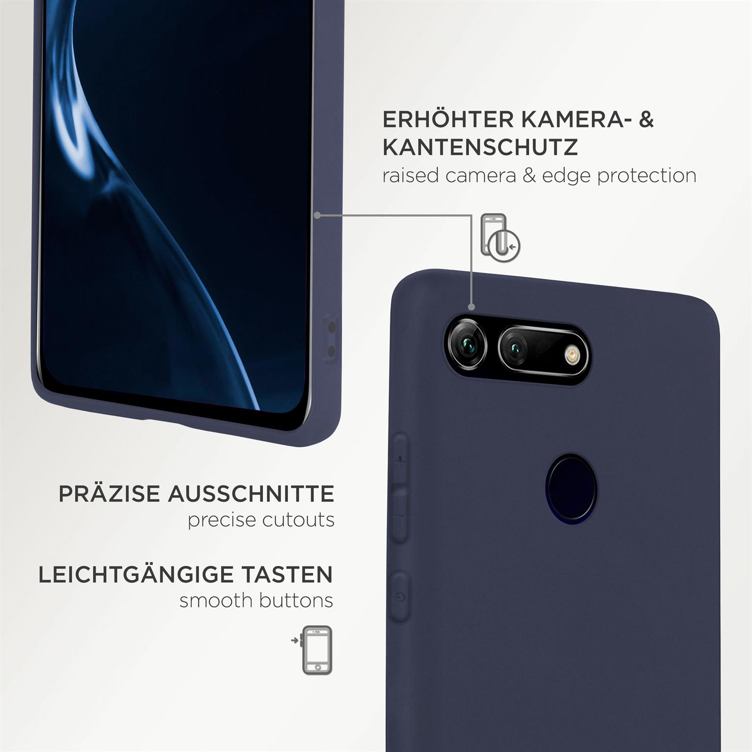 Marineblaues Handycase mit Aussparungen. Text: Erhöhter Kamera- & Kantenschutz, präzise Aussparungen, glatte Tasten.