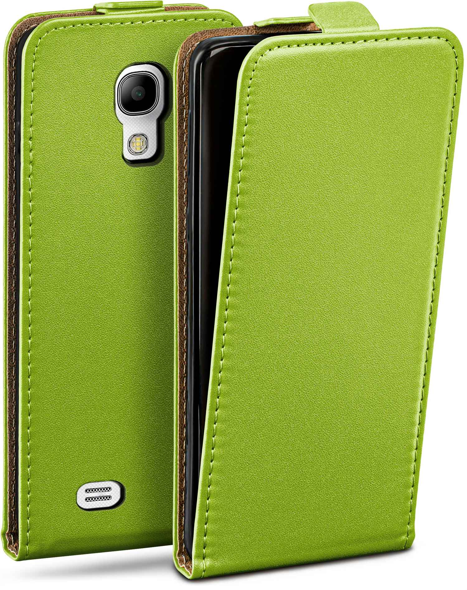 Grüne Handyhülle mit braunem Rand, offen. Telefon innen ist sichtbar.