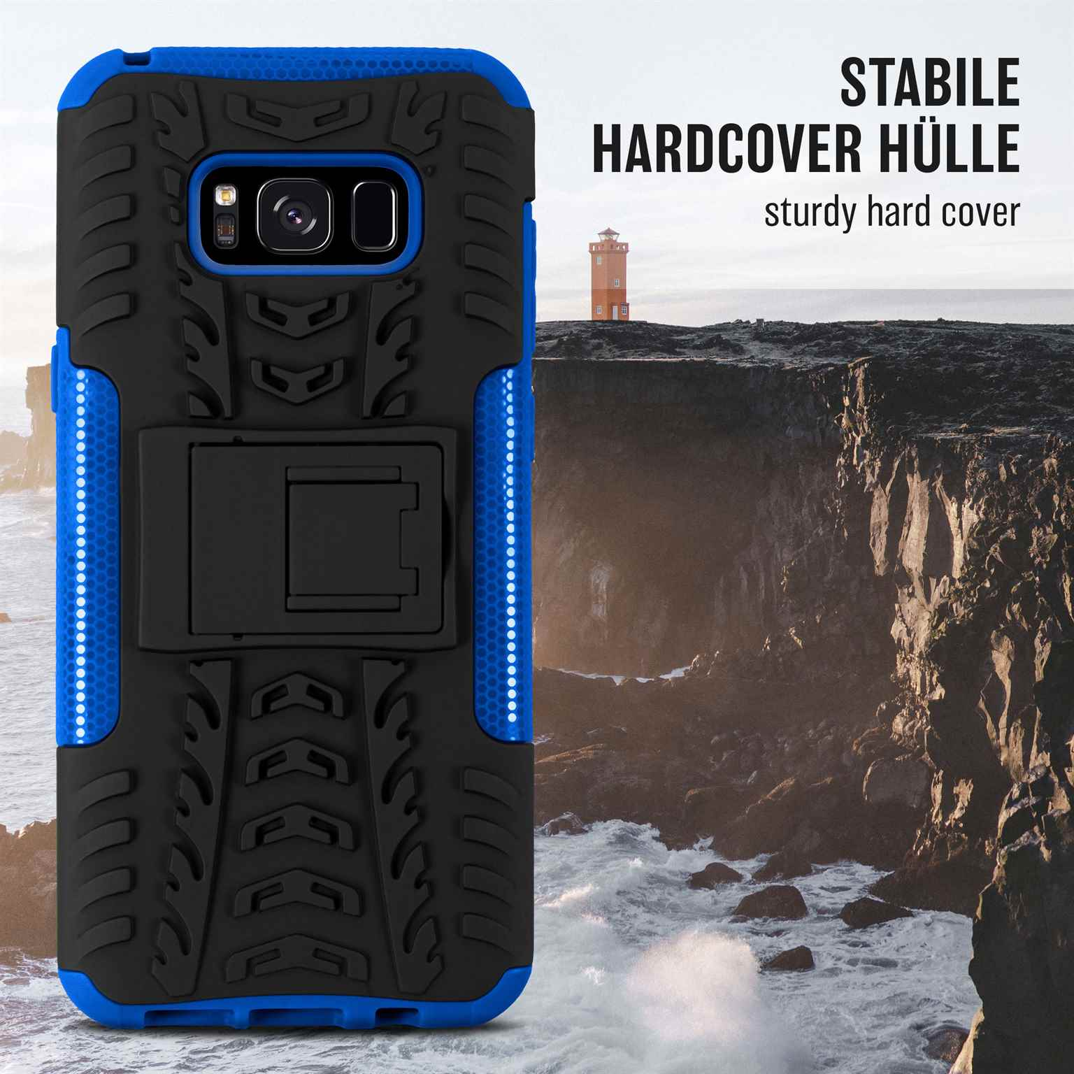 Blau-schwarze Handyhülle mit Ständer, stabile Hartschale, mit malerischem Hintergrund.
