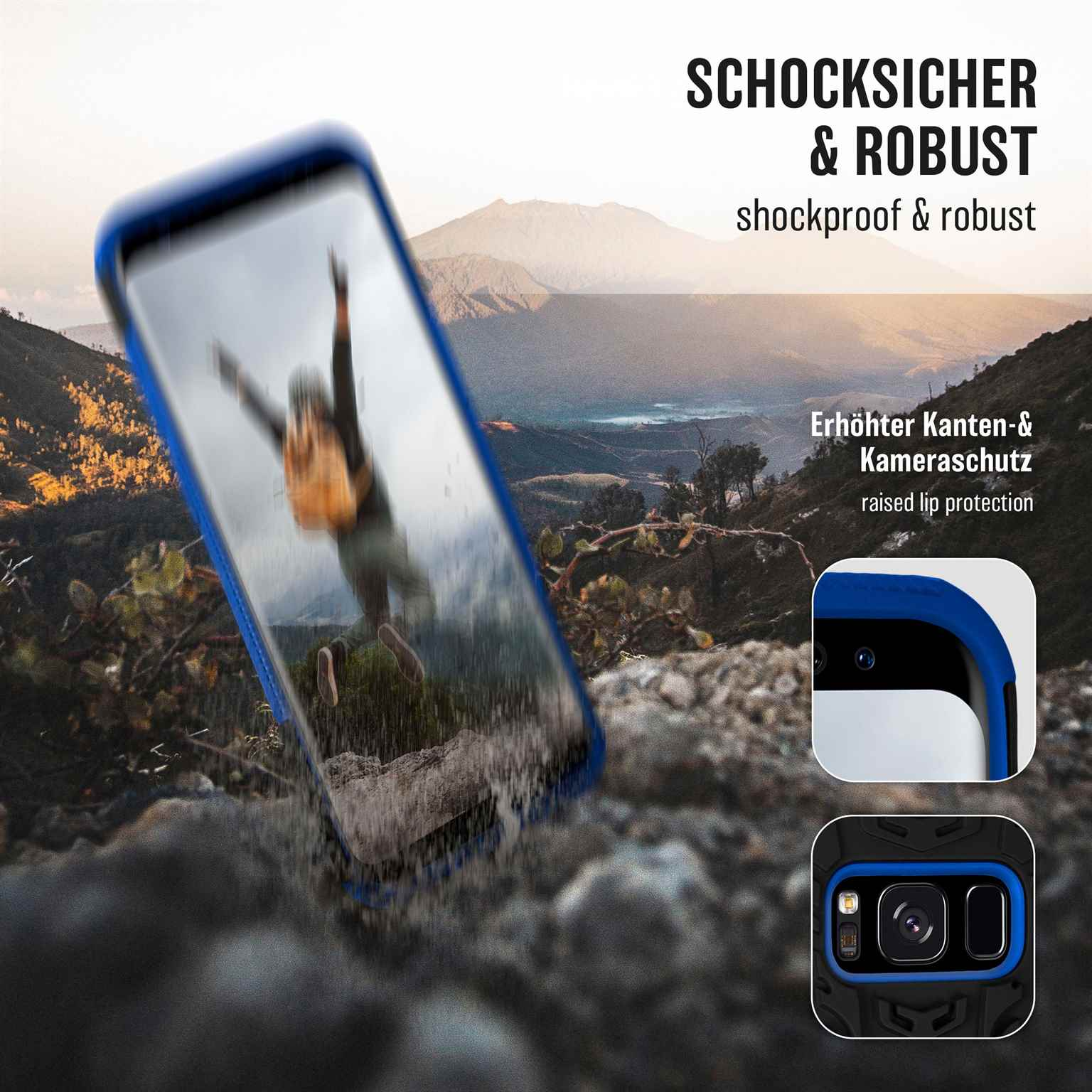 Telefon mit blauer Hülle. Eine Person springt im Hintergrund, mit Bergen und Wasser.