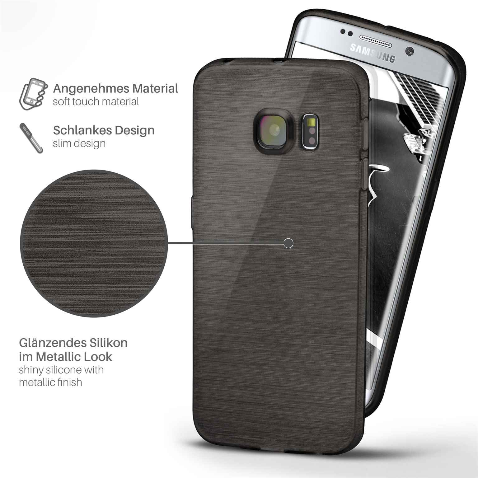 Schwarze Handyhülle mit Metallic-Look auf einem Samsung-Telefon. Details zum Material und Design.