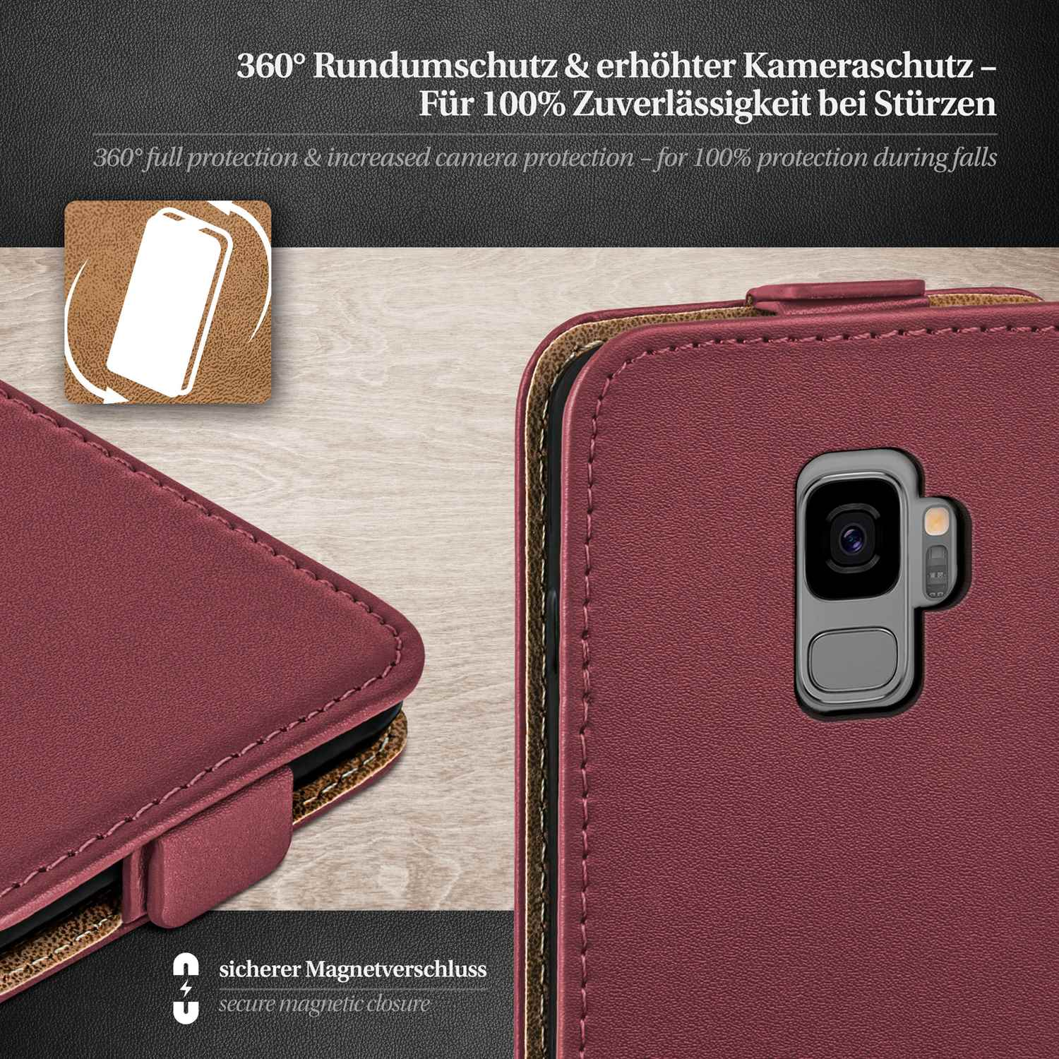 Burgunderfarbene Handyhülle. Geschlossene Hülle mit Kameraausschnitt. Text: 360° Schutz und sicherer Magnetverschluss.