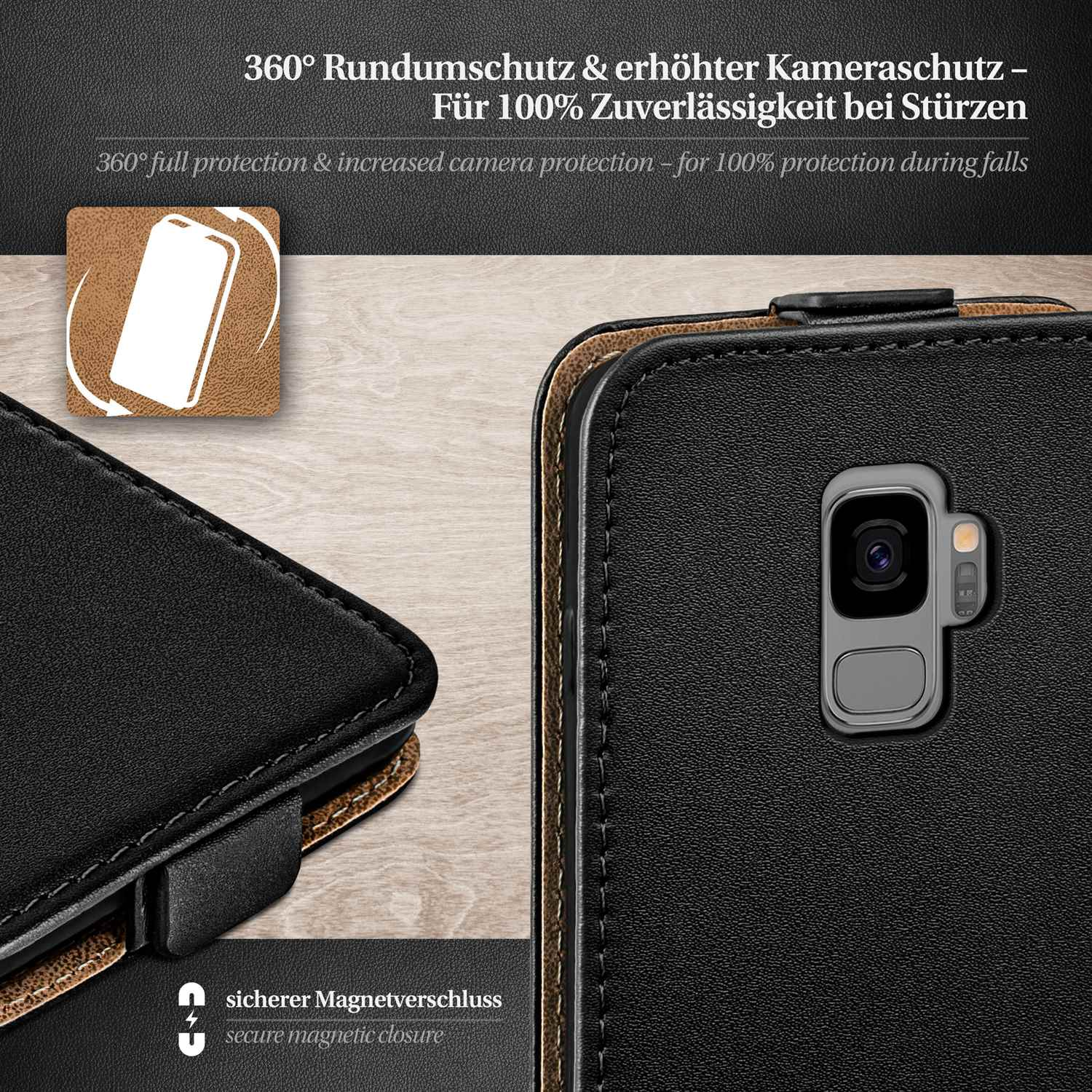 Schwarze Handyhülle mit Telefon. Bietet 360°-Schutz und Magnetverschluss. Schwarzer Hintergrund.