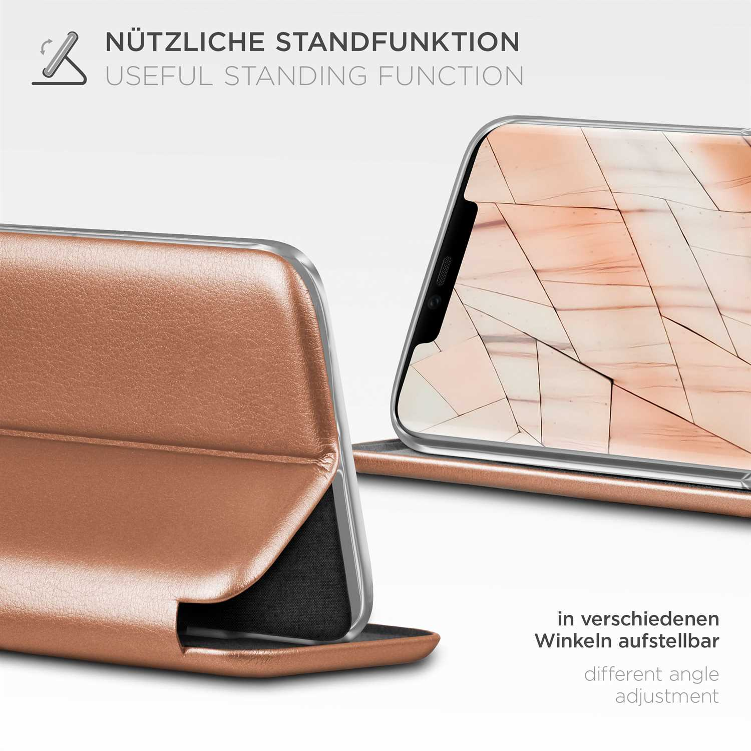 Handyhülle mit Standfunktion, geöffnet in einem Winkel, braunes Lederfinish.