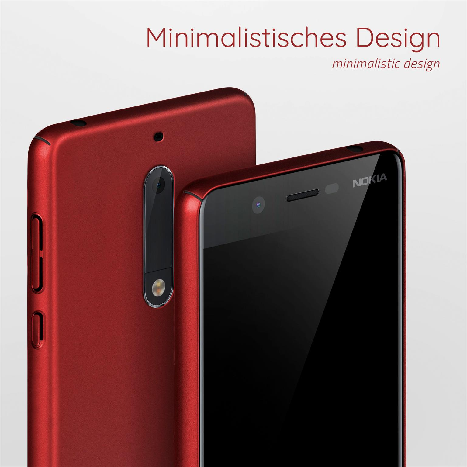 Zwei rote Telefone, eines im Fokus. Text sagt 'Minimalistisches Design'.