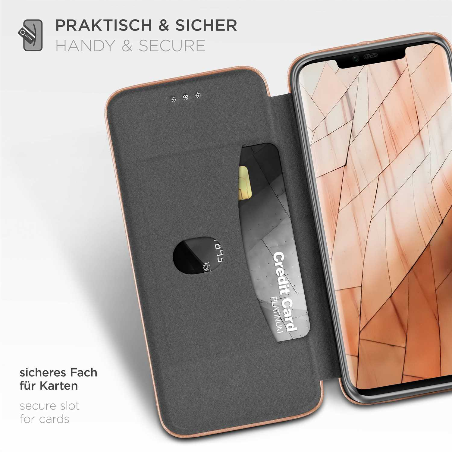Eine Handyhülle mit Kartenfach, eine Kreditkarte und ein Telefonbildschirm sind sichtbar. Text: Praktisch & Sicher.