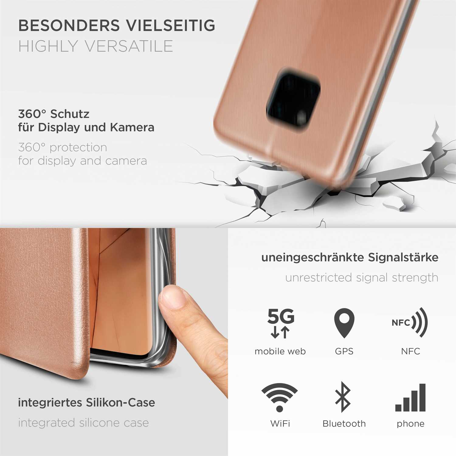 Eine roségoldene Handyhülle mit einem Telefon darin, zeigt Symbole für 5G, GPS, NFC, WiFi, Bluetooth und Telefonsignal.