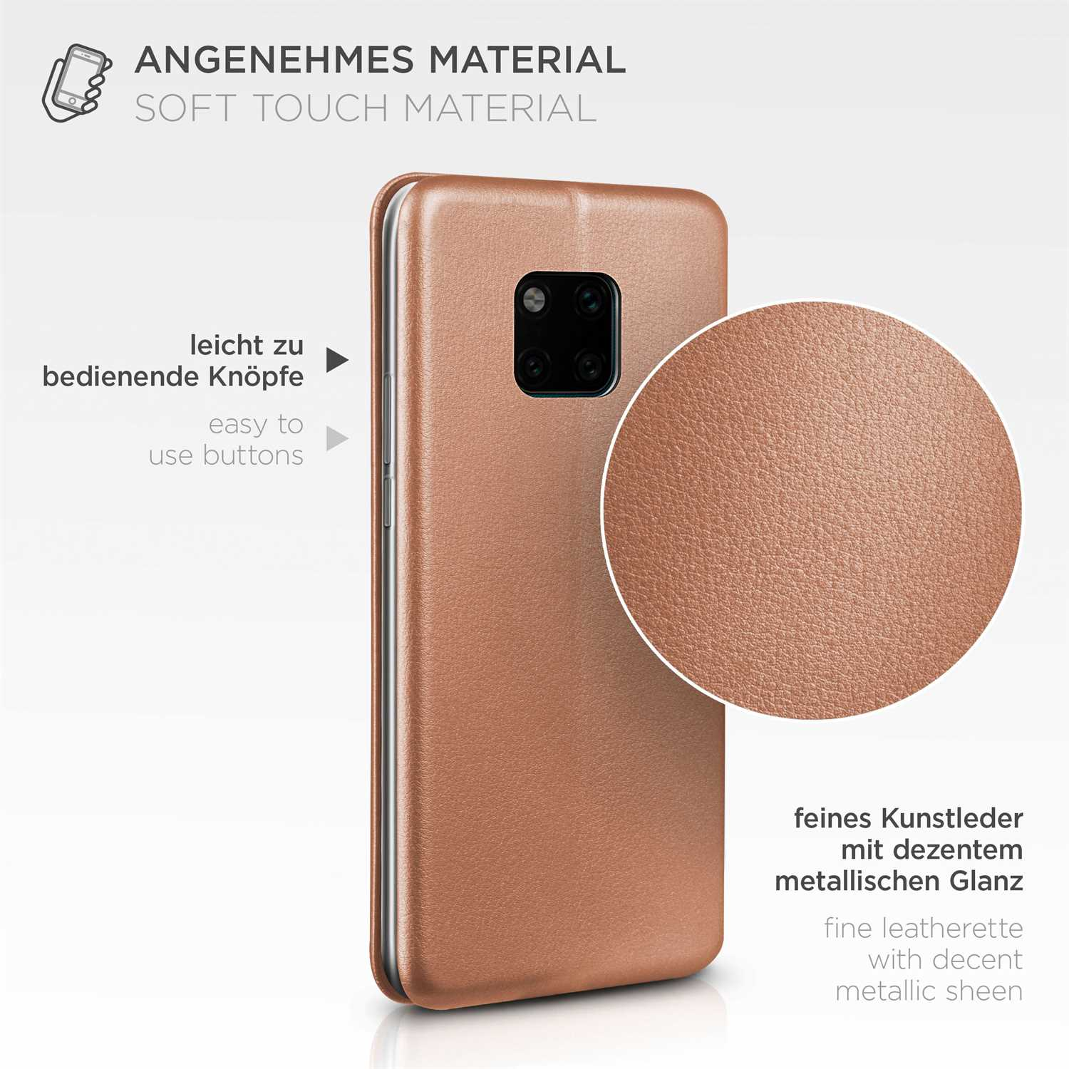 Handyhülle mit metallischem Glanz. Text auf Deutsch über Material und Design.