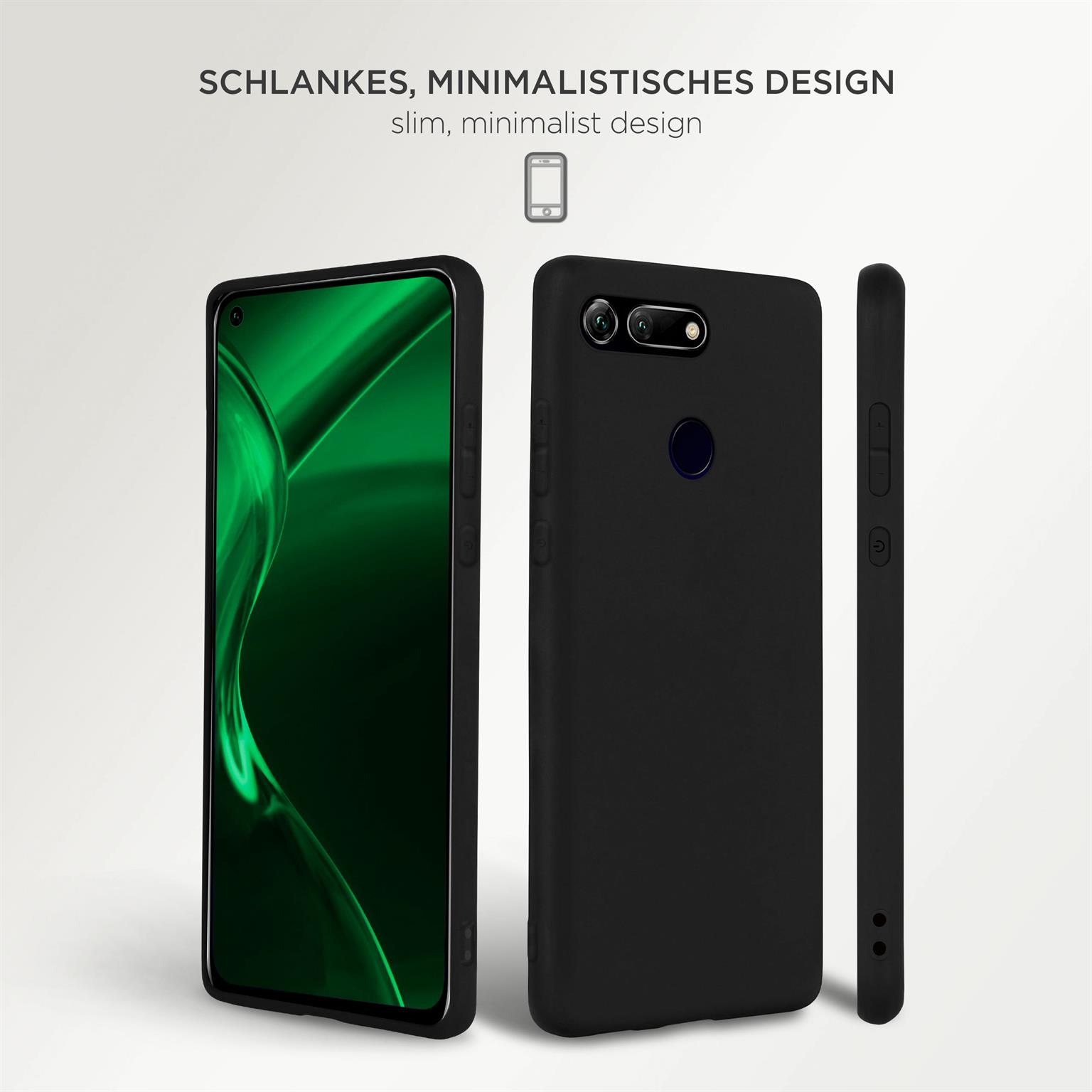 Schwarze Handyhülle. Drei Ansichten, ein Telefon mit grünem Bildschirm.