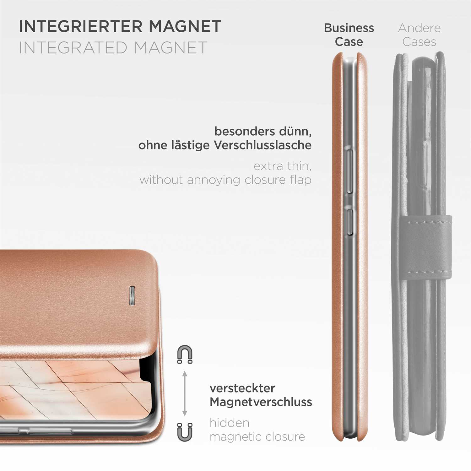 Eine pinke Handyhülle mit Magnetverschluss, geschlossen und offen gezeigt. Der Text besagt, dass sie extra dünn ist und einen versteckten Magneten hat.