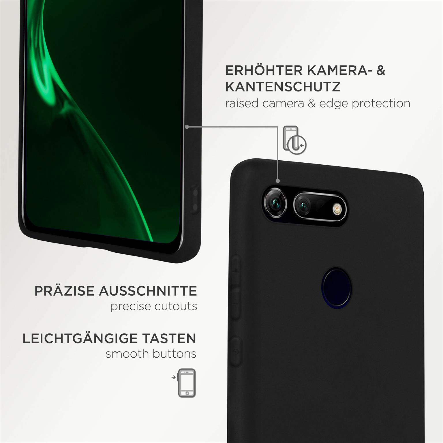 Schwarze Handyhülle auf einem Telefon. Text: präzise Aussparungen und glatte Tasten. Erhöhter Kameraschutz.