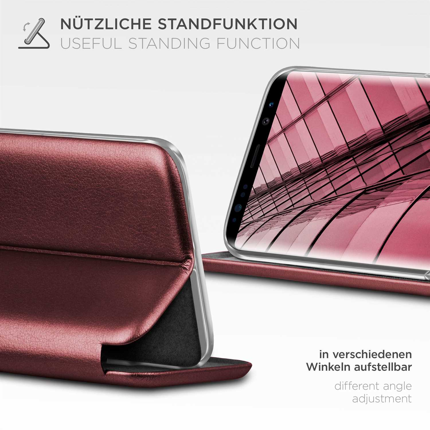 Weinrote Handyhülle, offen, mit Telefon innen und Aufstellfunktion.