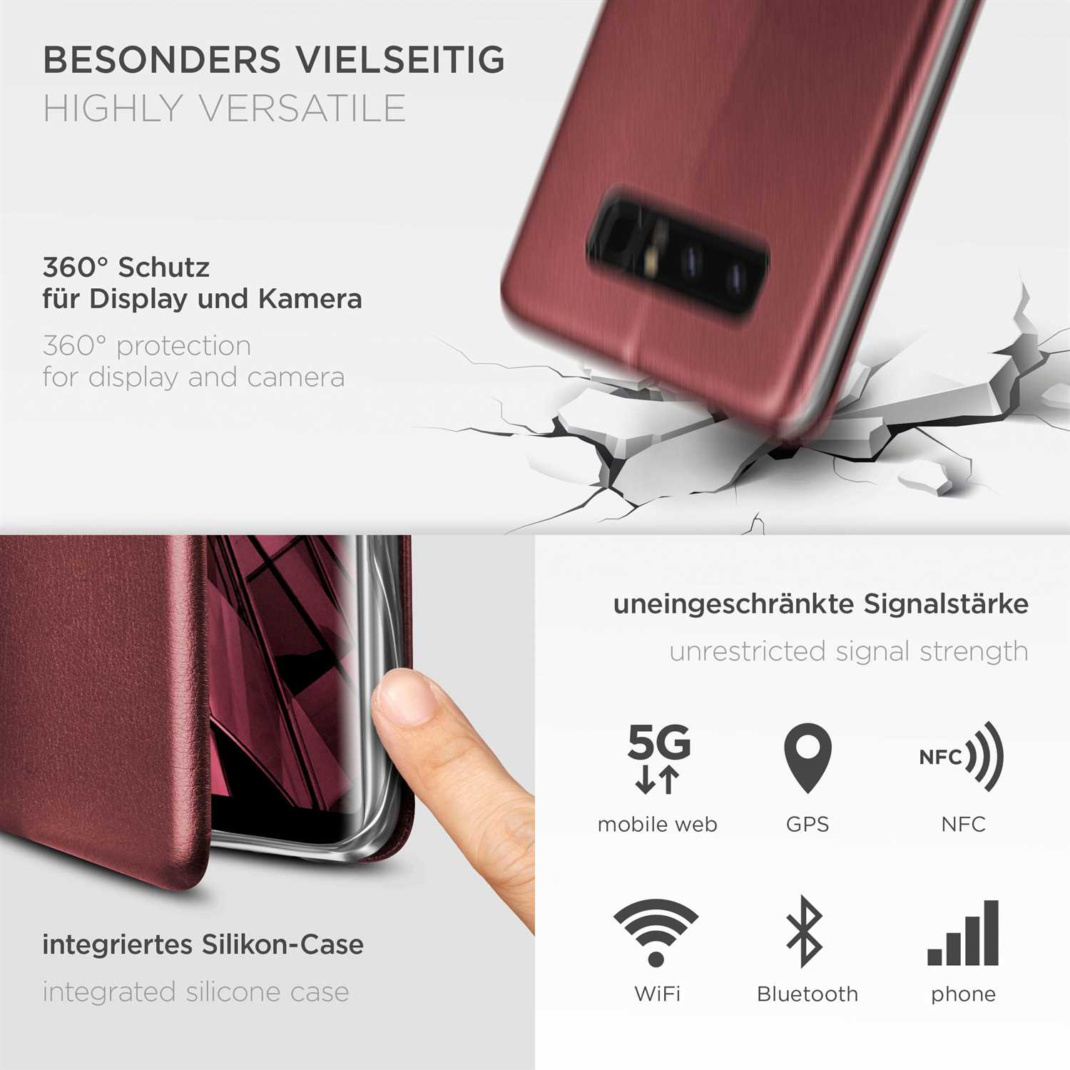 Rote Handyhülle auf zerbrochener Oberfläche, mit Funktionen wie 5G, GPS, NFC, WiFi, Bluetooth und Telefon.