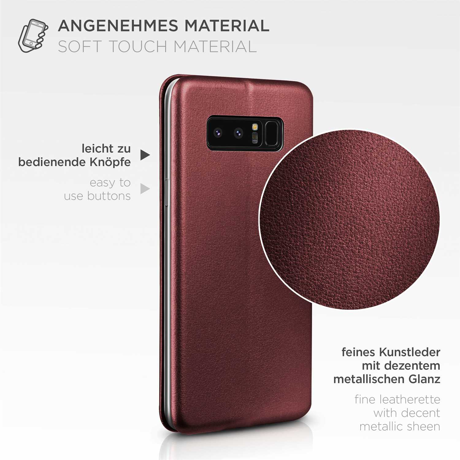 Burgunder Handyhülle, einfach zu bedienende Knöpfe, feines Kunstleder mit Metallic-Glanz.
