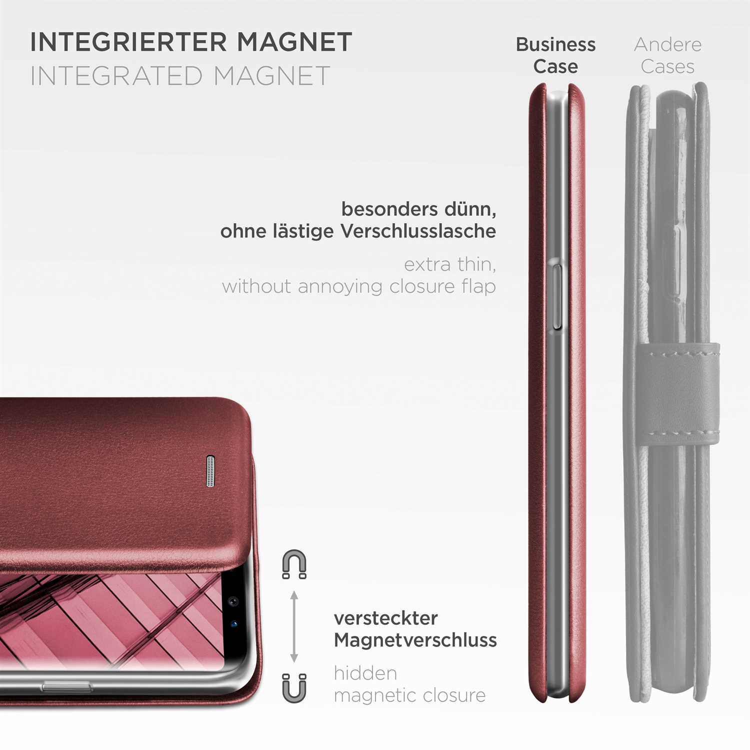 Rote Handyhülle, offen und geschlossen, Text über integrierten Magneten und dünnes Design.