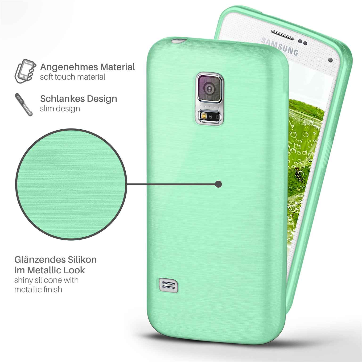 Mintgrüne Handyhülle auf weißem Hintergrund mit einem Samsung-Telefon.