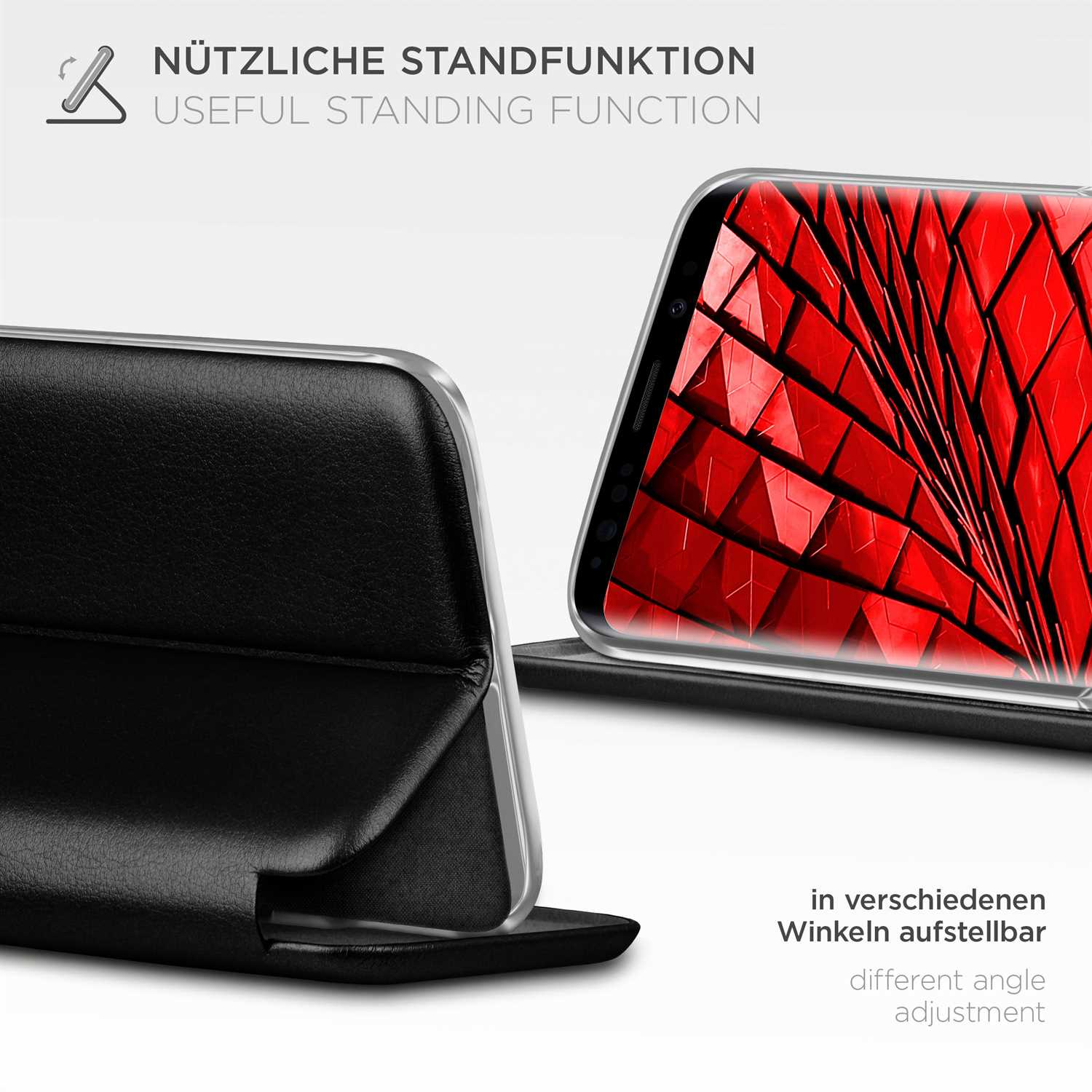 Handyhülle mit Stützfunktion. Das Telefon ist in einem Gehäuse, abgewinkelt zur Anzeige. Rotes Muster auf dem Bildschirm.