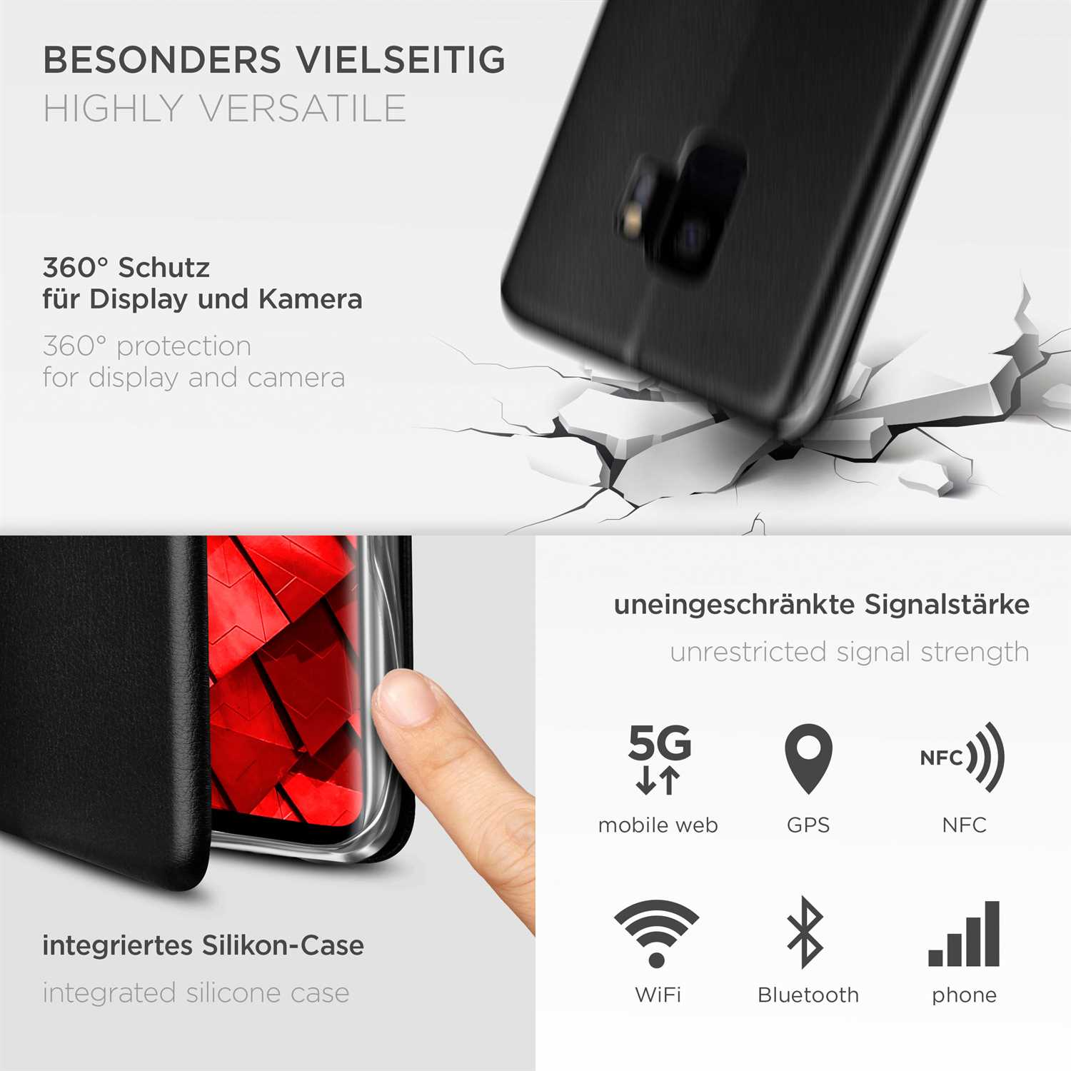 Schwarze Handyhülle auf weißem Untergrund mit Riss-Effekt. Signal-Symbole.