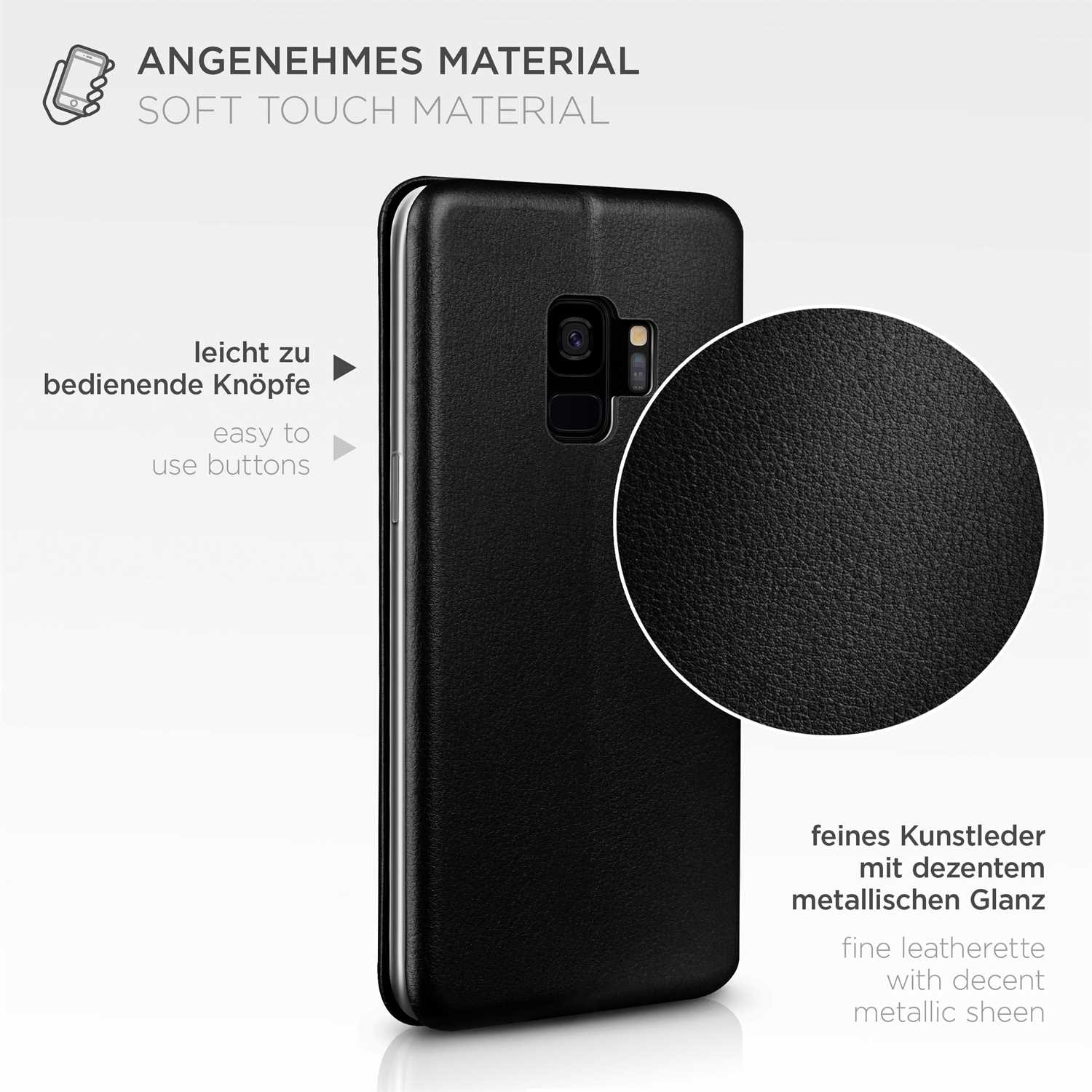 Schwarze Handyhülle mit Nahaufnahme der Textur. Text auf Deutsch. Soft-Touch-Material.