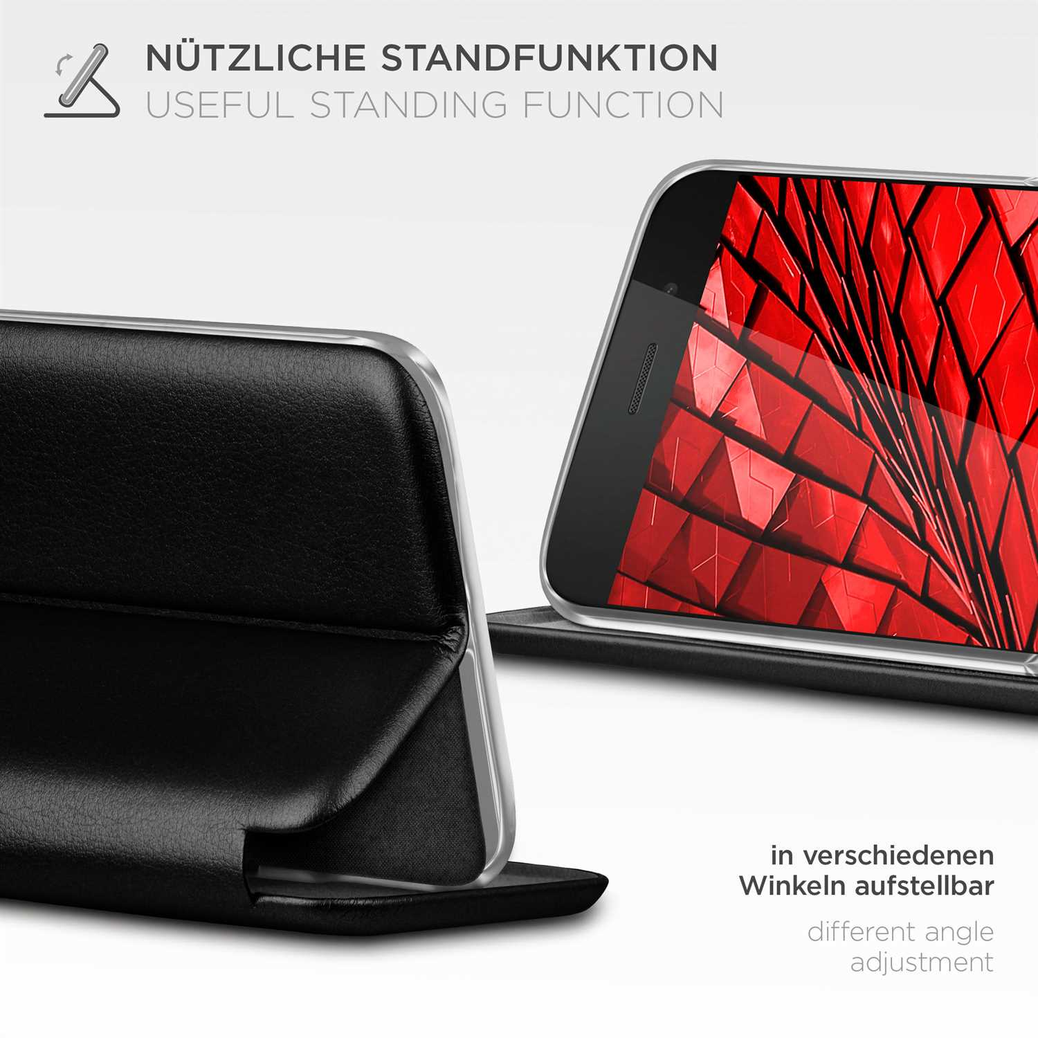 Schwarze Handyhülle mit rotem Bildschirm. Telefon kann eingestellt werden.