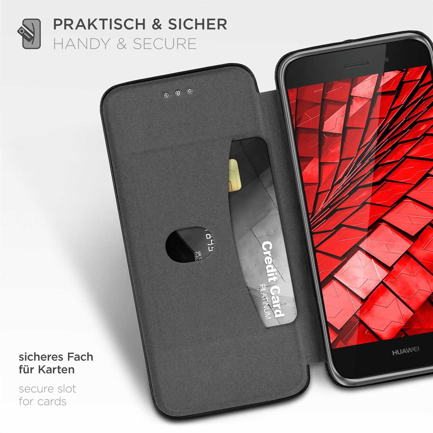 Telefon in einer schwarzen Hülle mit offenem Kartenfach. Eine Kreditkarte darin. Der Hintergrund ist ein rotes Muster.