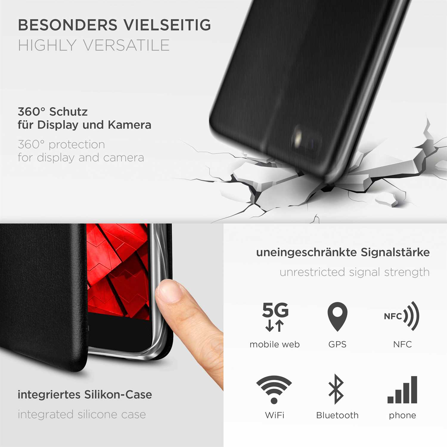 Schwarze Handyhülle mit Telefon darin, zeigt Signal-Icons. Eine Hand zeigt auf die Icons.