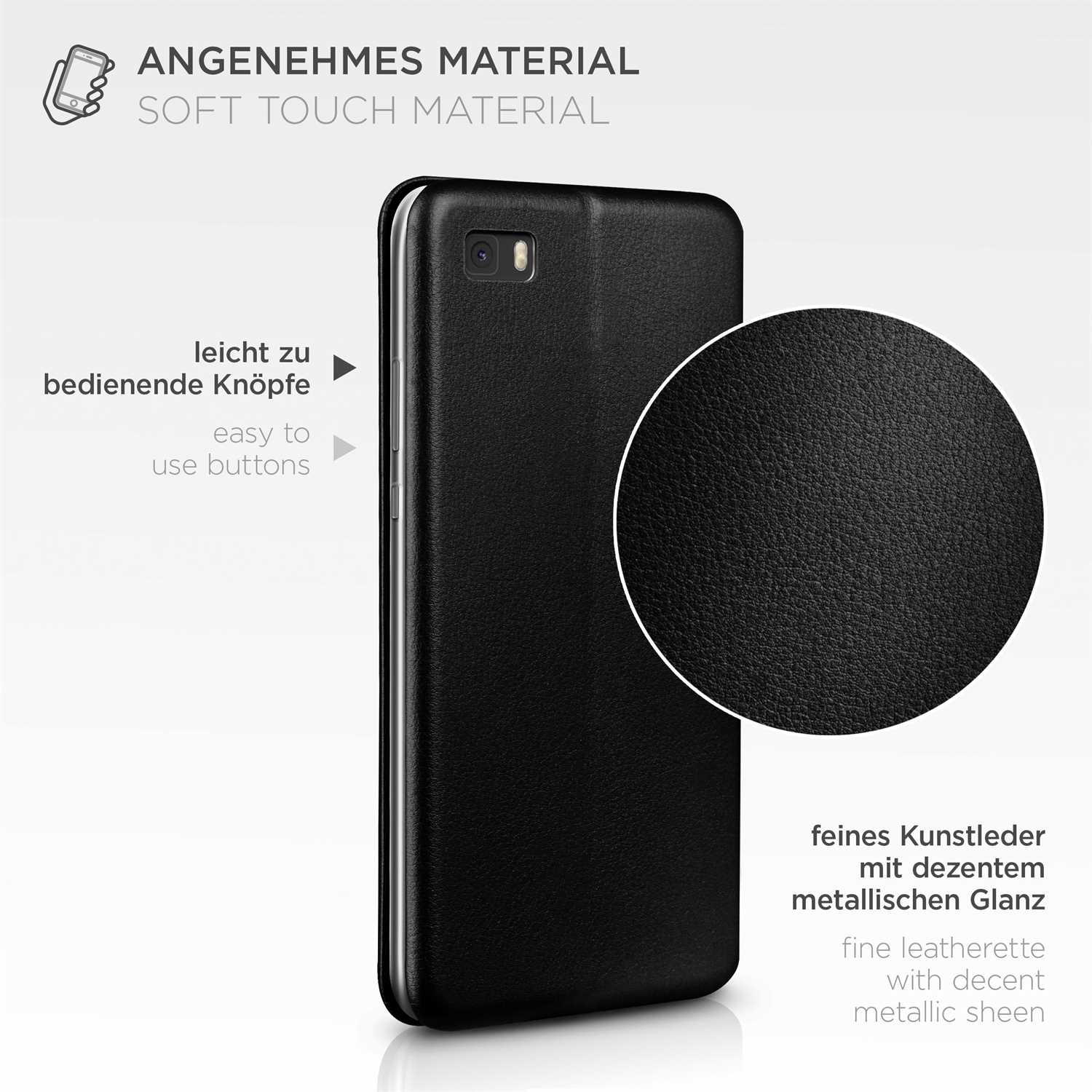 Eine schwarze Handyhülle mit Telefon. Die Hülle ist offen. Leicht bedienbare Tasten, Ledertextur.
