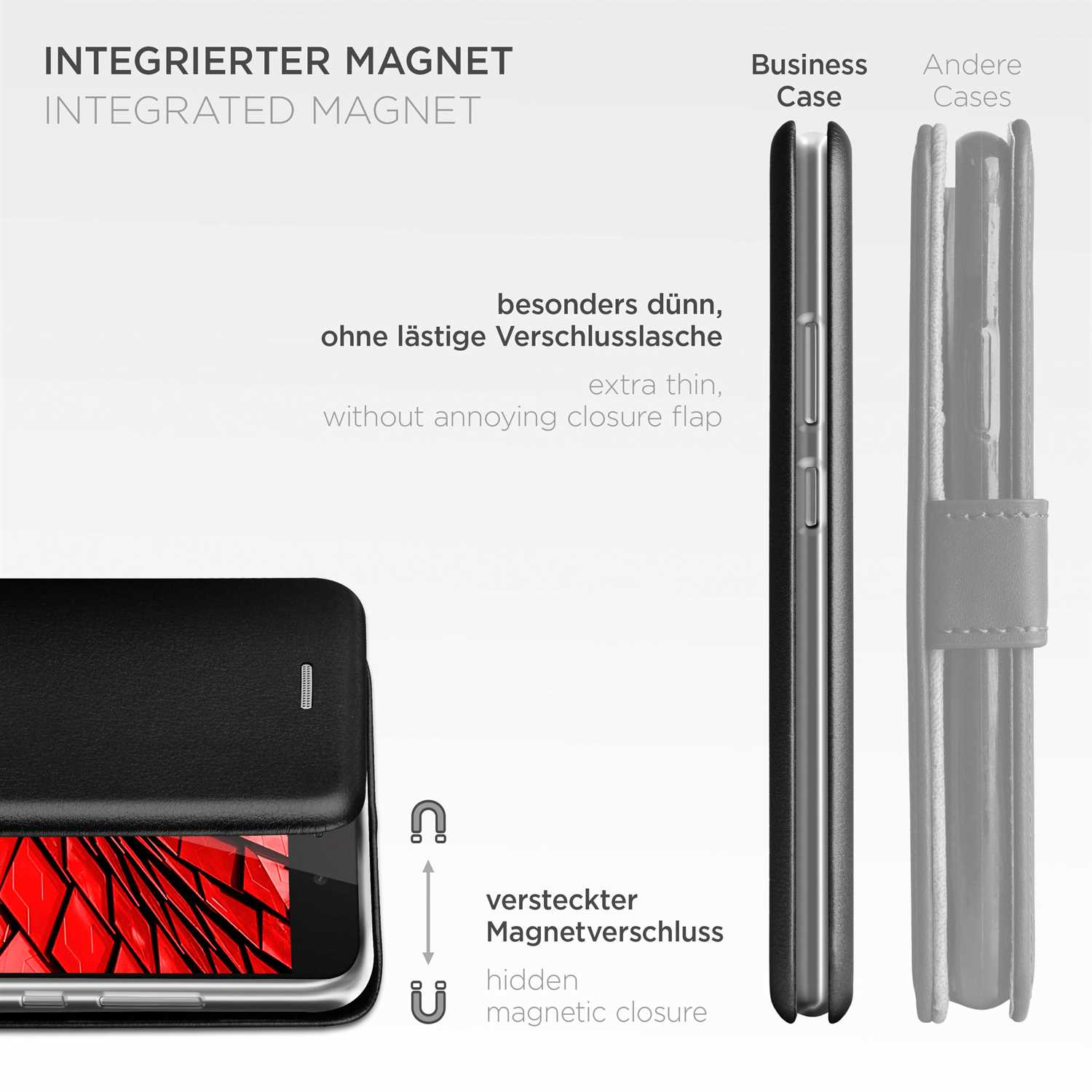 Schwarze Handyhülle mit Telefon und verstecktem Magnetverschluss. Heller Hintergrund.