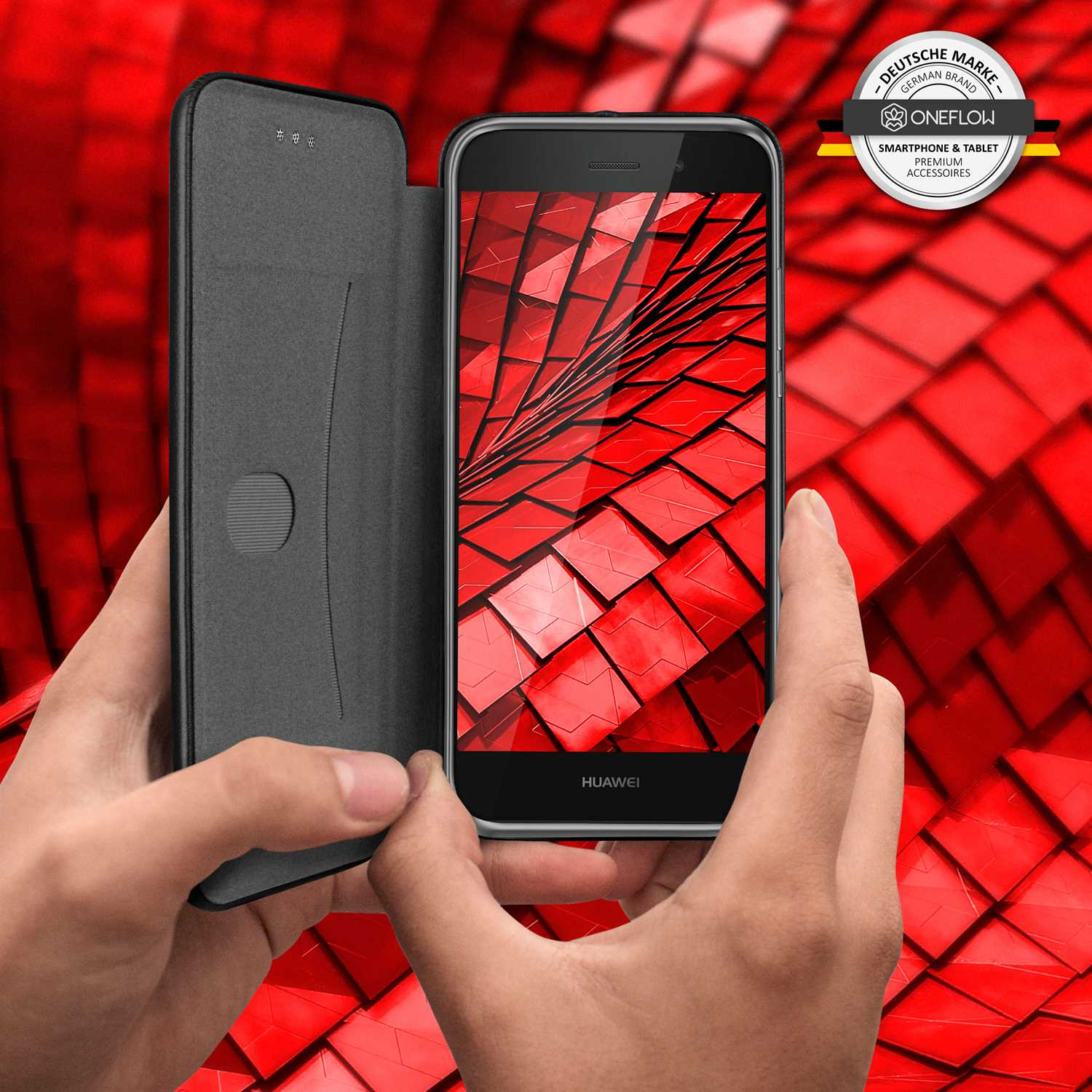 Eine Person hält ein Telefon mit rotem geometrischen Design auf dem Bildschirm, mit Hülle.