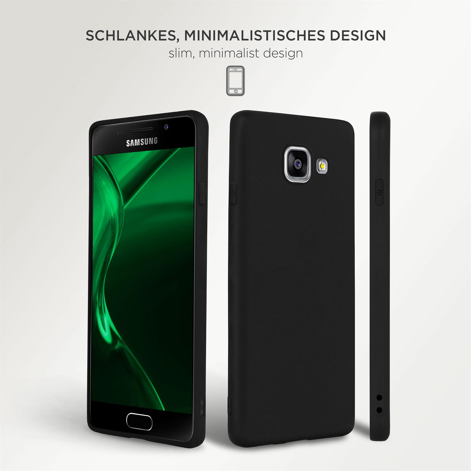 Drei schwarze Telefone. Eines zeigt die Vorderseite, zwei zeigen Seiten und Rückseite.