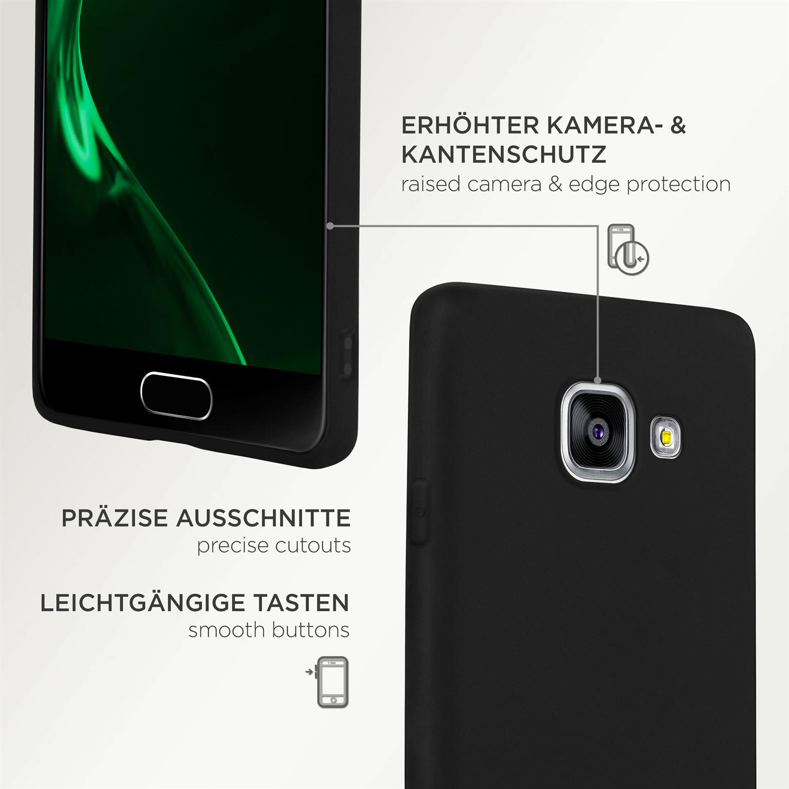 Schwarze Handyhülle, Nahaufnahme, mit präzisen Aussparungen und glatten Tasten, mit weißem Hintergrund.