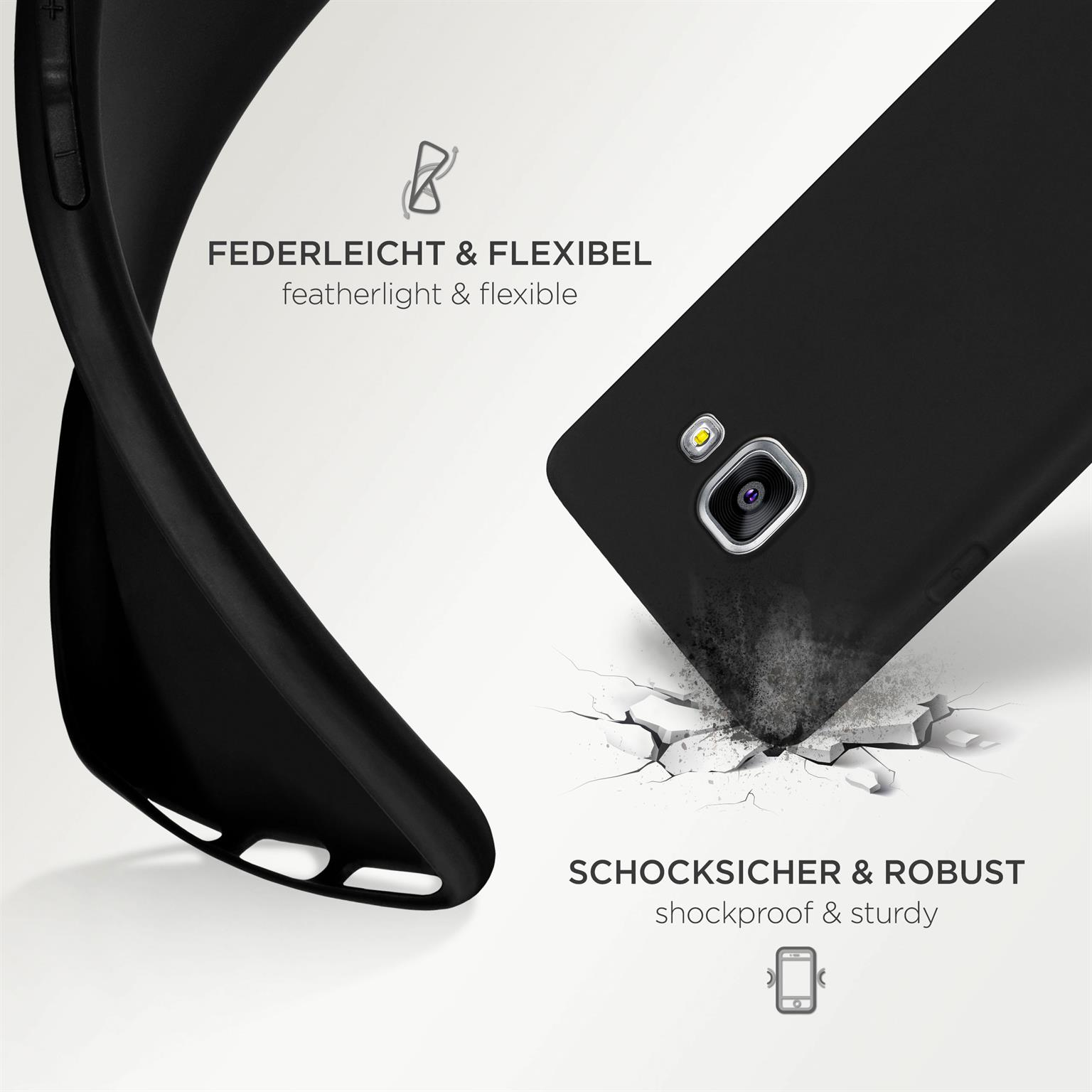 Schwarze Handyhülle mit flexiblem Design und robusten Eigenschaften auf weißer Oberfläche.