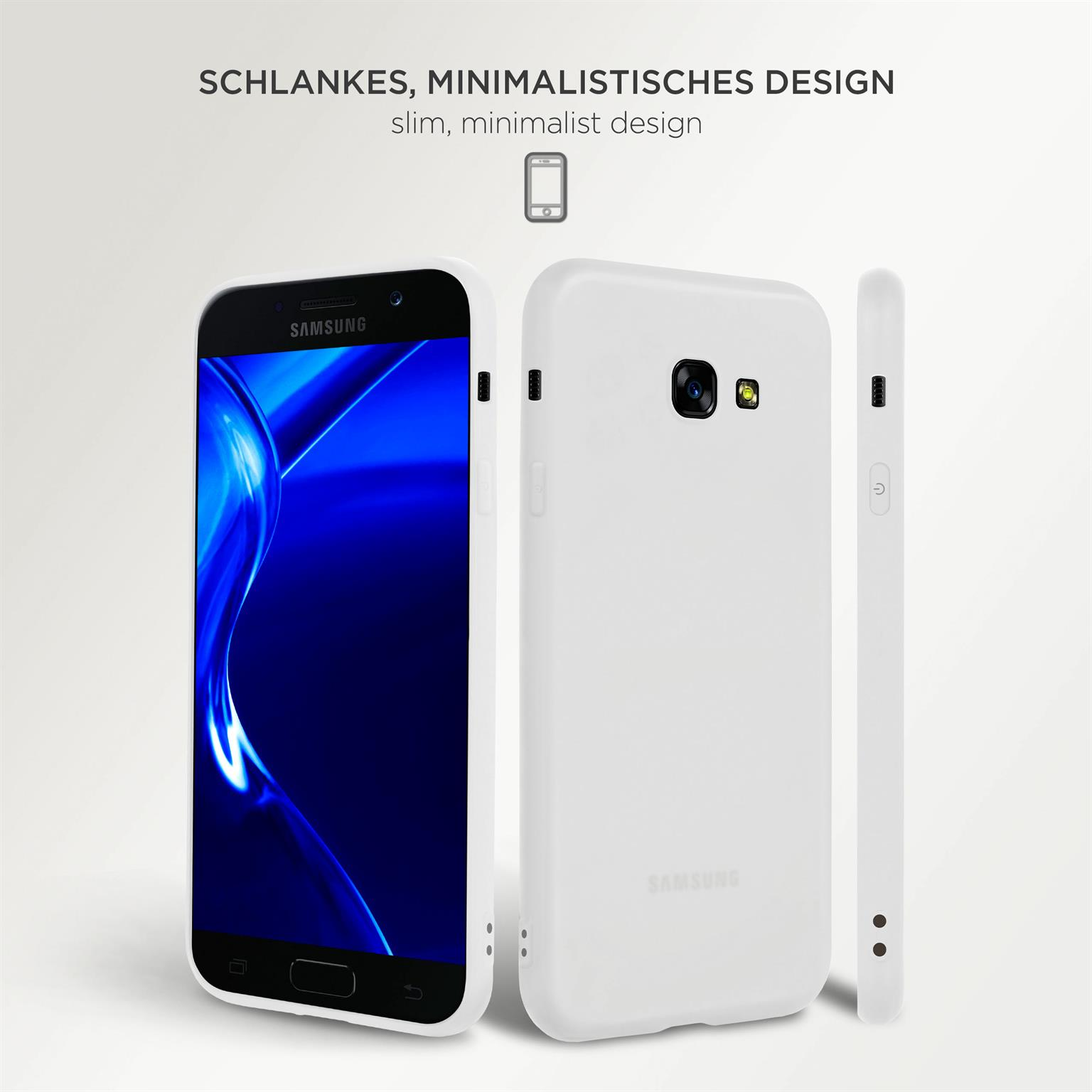 Drei weiße Handyhüllen, eine mit Telefon, zeigt das Design. Der Hintergrund ist hellgrau.