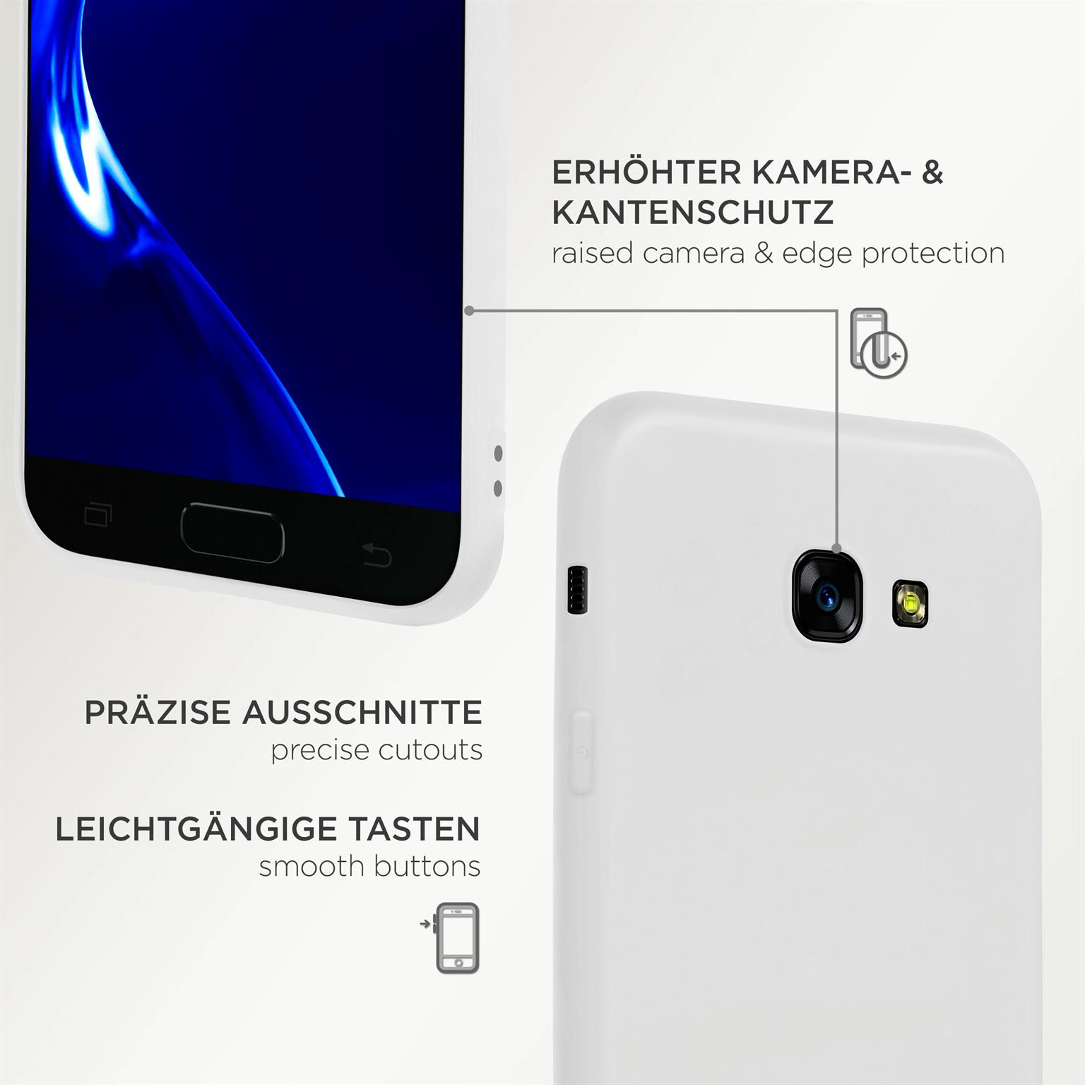 Weißes Handycase mit blauem Bildschirm, Text an der Seite. Präzise Aussparungen und glatte Tasten werden hervorgehoben.