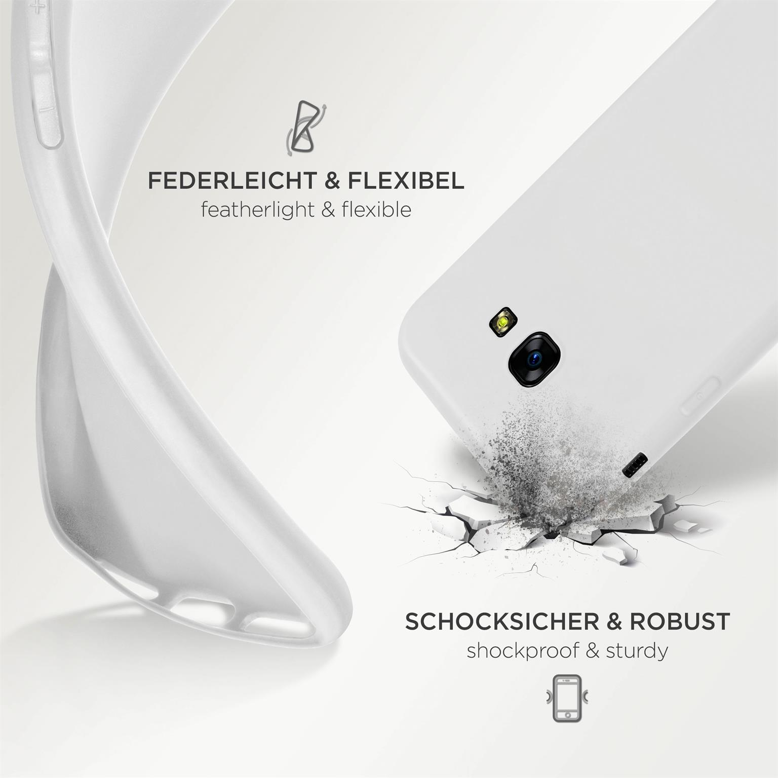 Weißes Handycase mit Telefon, rissiger Boden. Text über stoßfest und robust.
