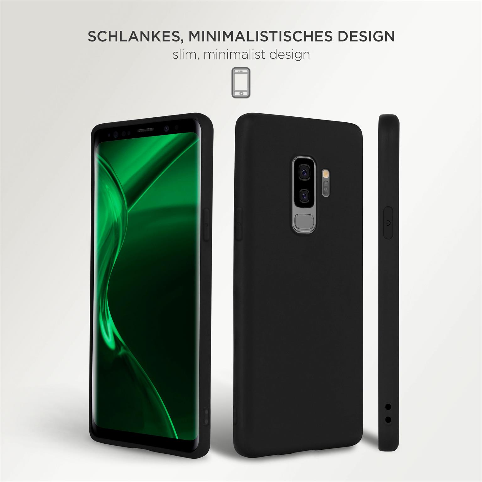 Schwarze Handyhülle mit drei Ansichten. Sauberes, weißes Hintergrund.