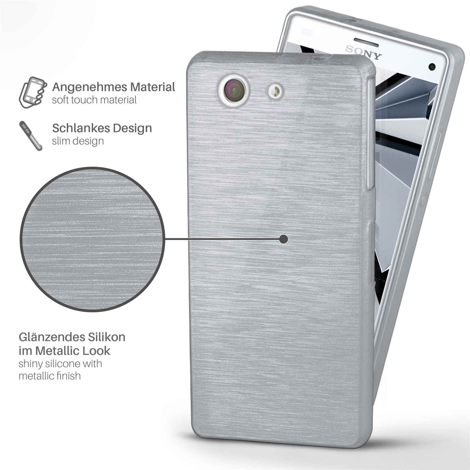 Silberne Handyhülle über einem silbernen Telefon. Die Hülle hat ein Metallic-Finish.