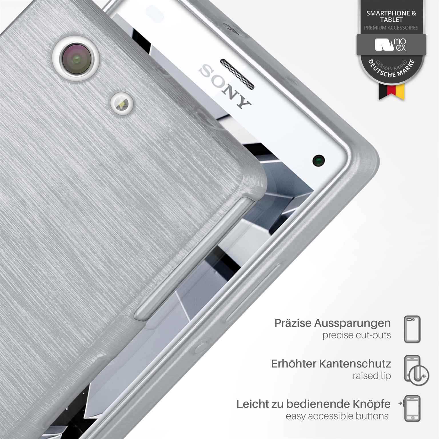 Nahaufnahme einer Handyhülle mit gebürsteter, silberner Metalloberfläche. Das Telefon ist ein Sony.