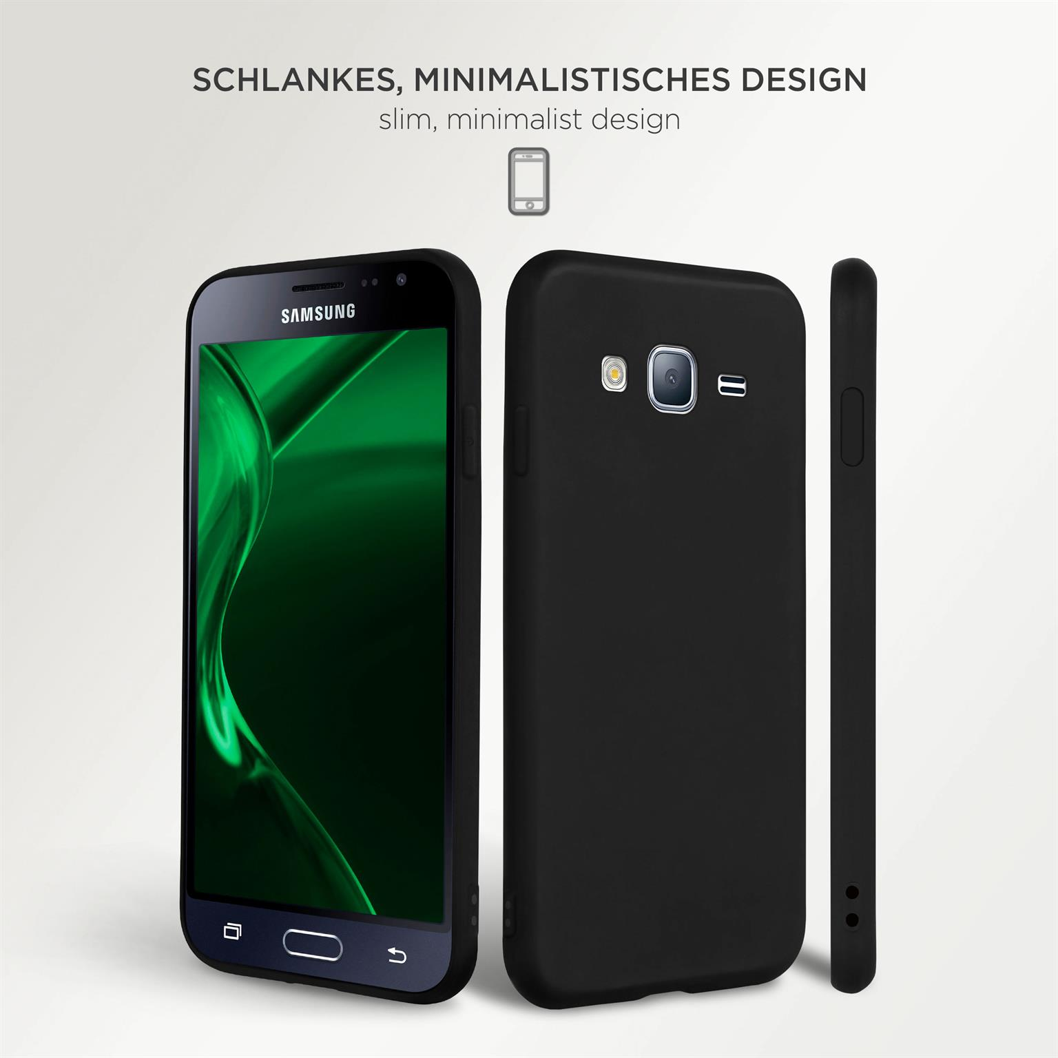 Schwarze Handyhülle. Telefon ist schwarz mit grünem Hintergrund. Text über schlankes, minimalistisches Design.