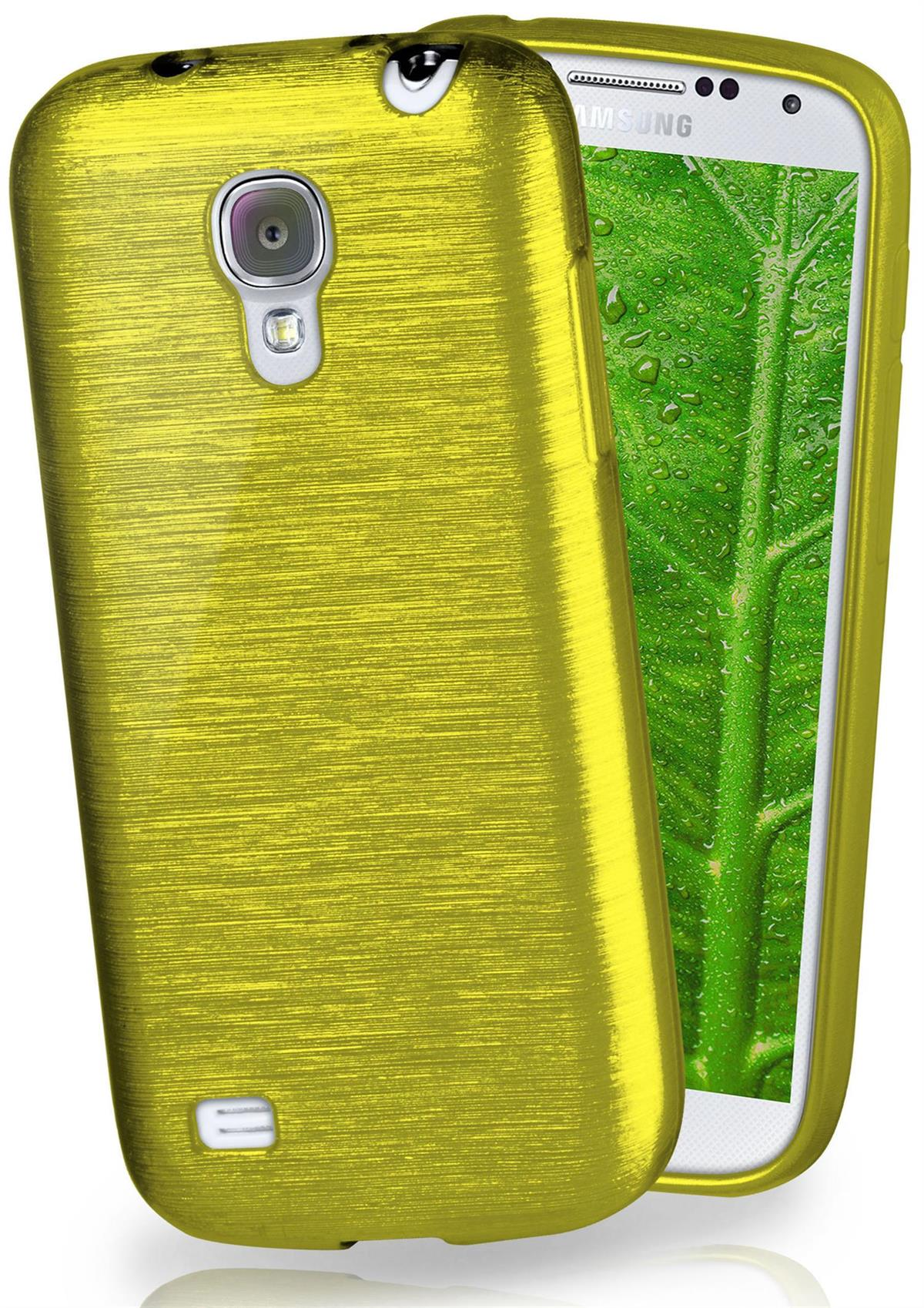 Gelbe Handyhülle mit einem Telefon, das ein grünes Blatt anzeigt.