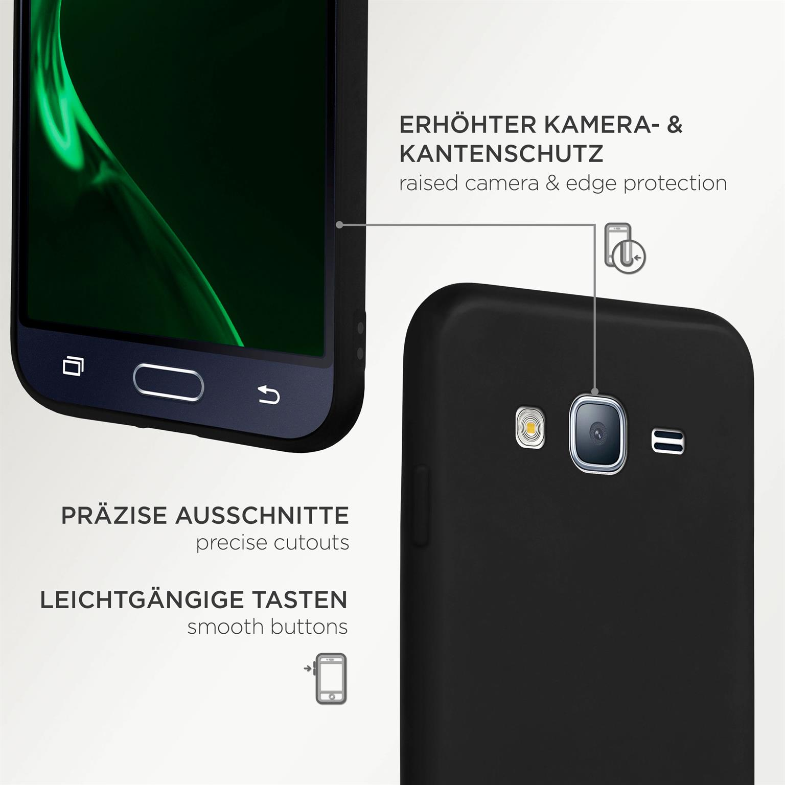Schwarze Handyhülle mit Telefon im Inneren. Merkmale sind beschriftet, einschließlich präziser Aussparungen und glatter Tasten.