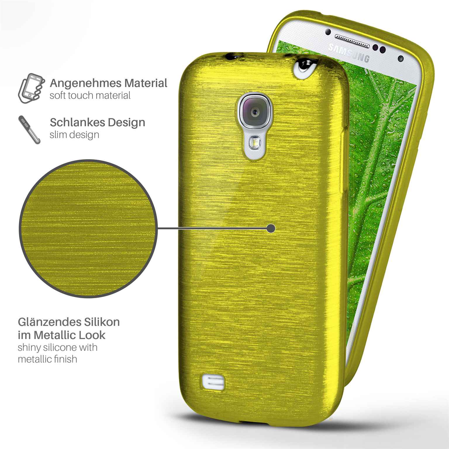Nahaufnahme einer gelben Handyhülle im Metallic-Look, die ein Telefon im Inneren zeigt.