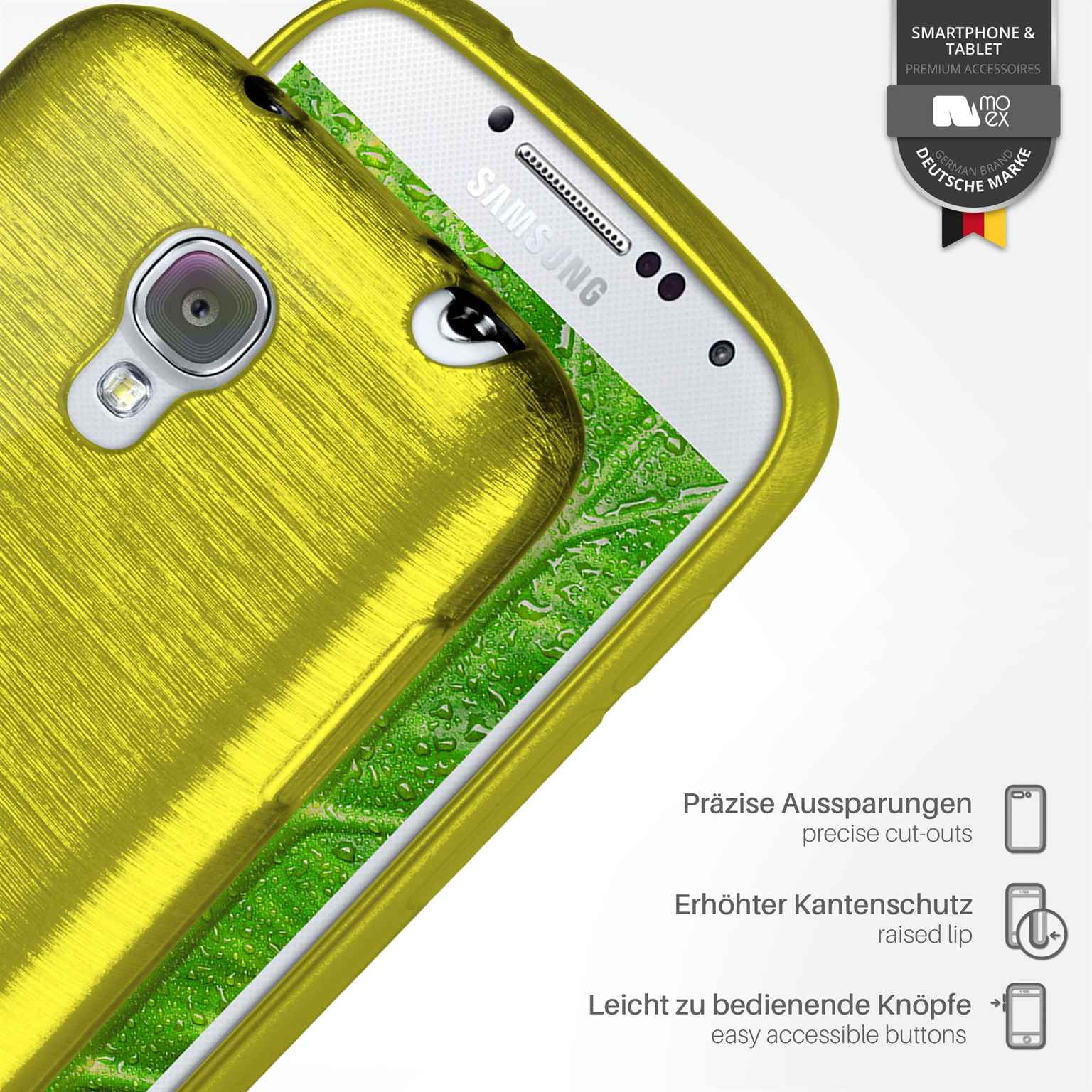 Nahaufnahme einer gelben Handyhülle mit grünem Innenraum und einem Samsung-Handy.