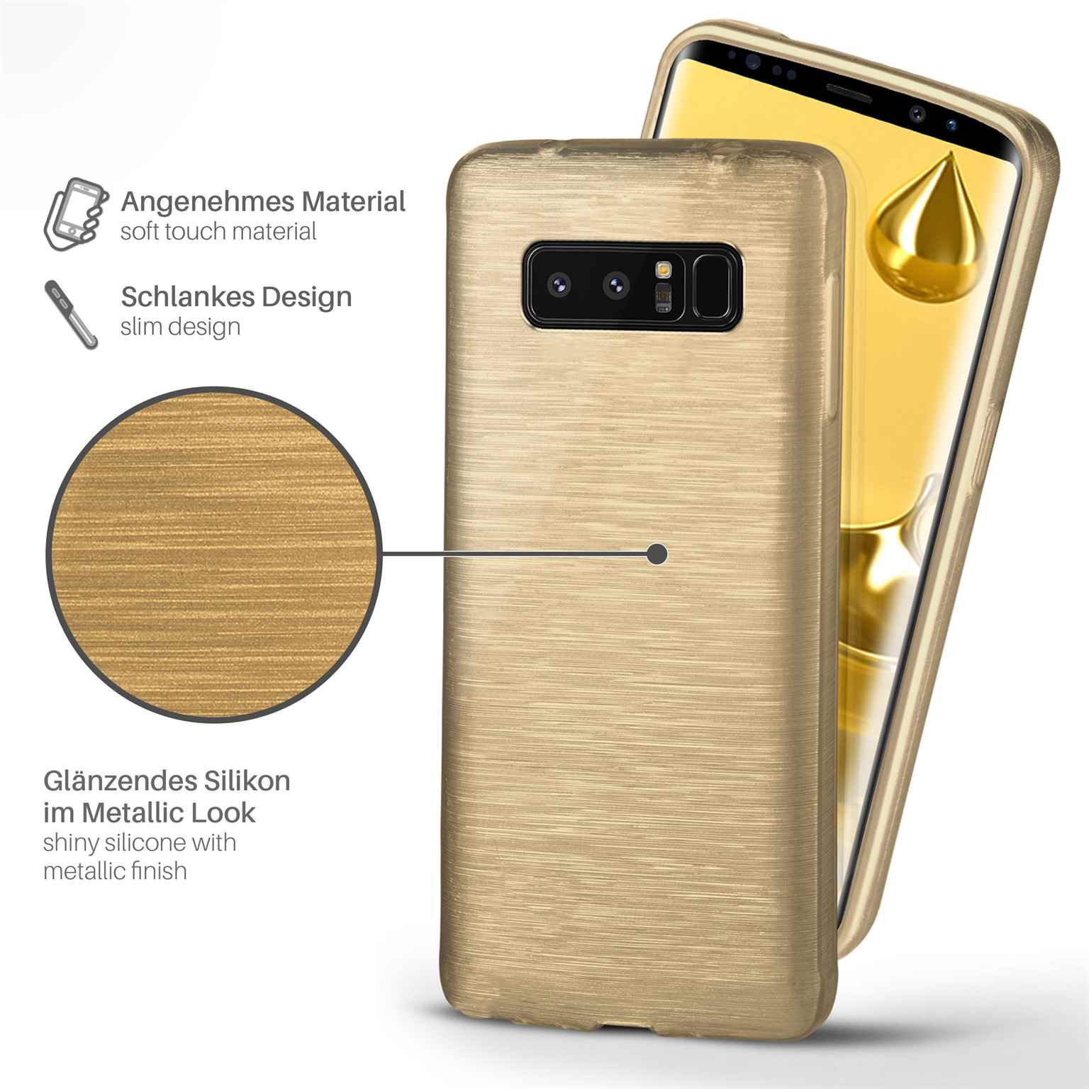 Goldene Handyhülle auf Telefon, zeigt das Telefon im Detail.