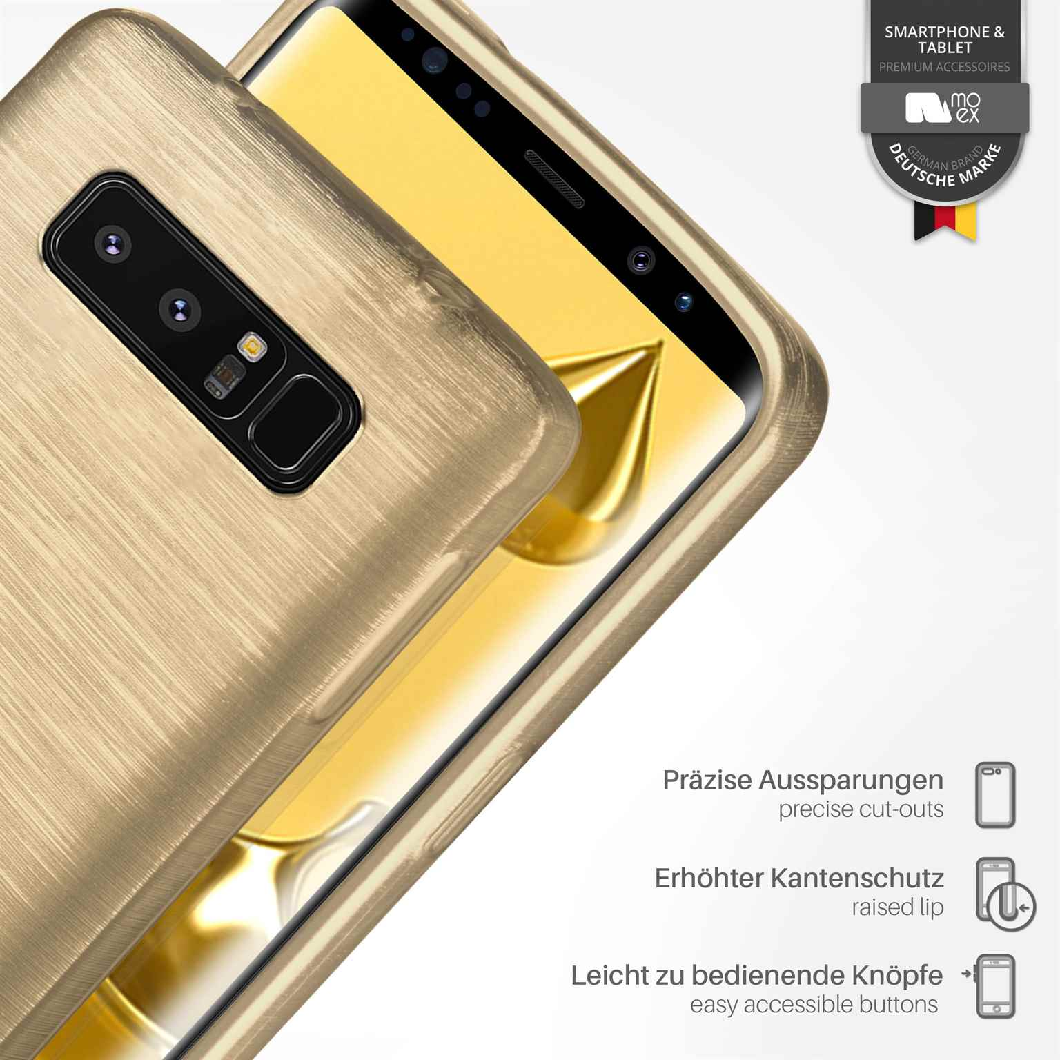 Goldene Handyhülle mit präzisen Aussparungen und erhöhtem Rand. Weißer Hintergrund mit Text.