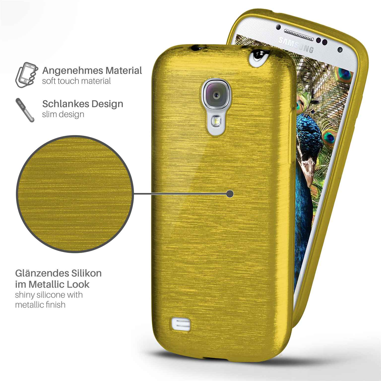 Goldene Handyhülle mit Telefon darin. Der Hintergrund zeigt ein Pfauenbild. Hüllendetail.