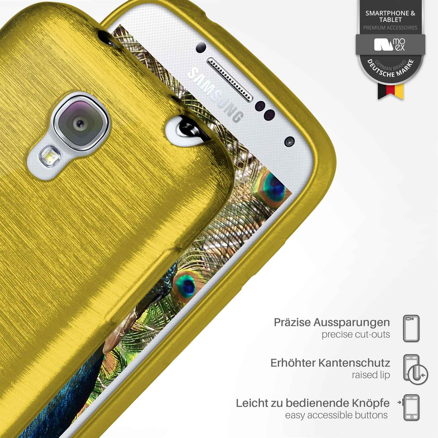 Goldene Handyhülle mit Pfauenfedern-Design. Präzise Aussparungen und erhöhte Lippe für Knöpfe.