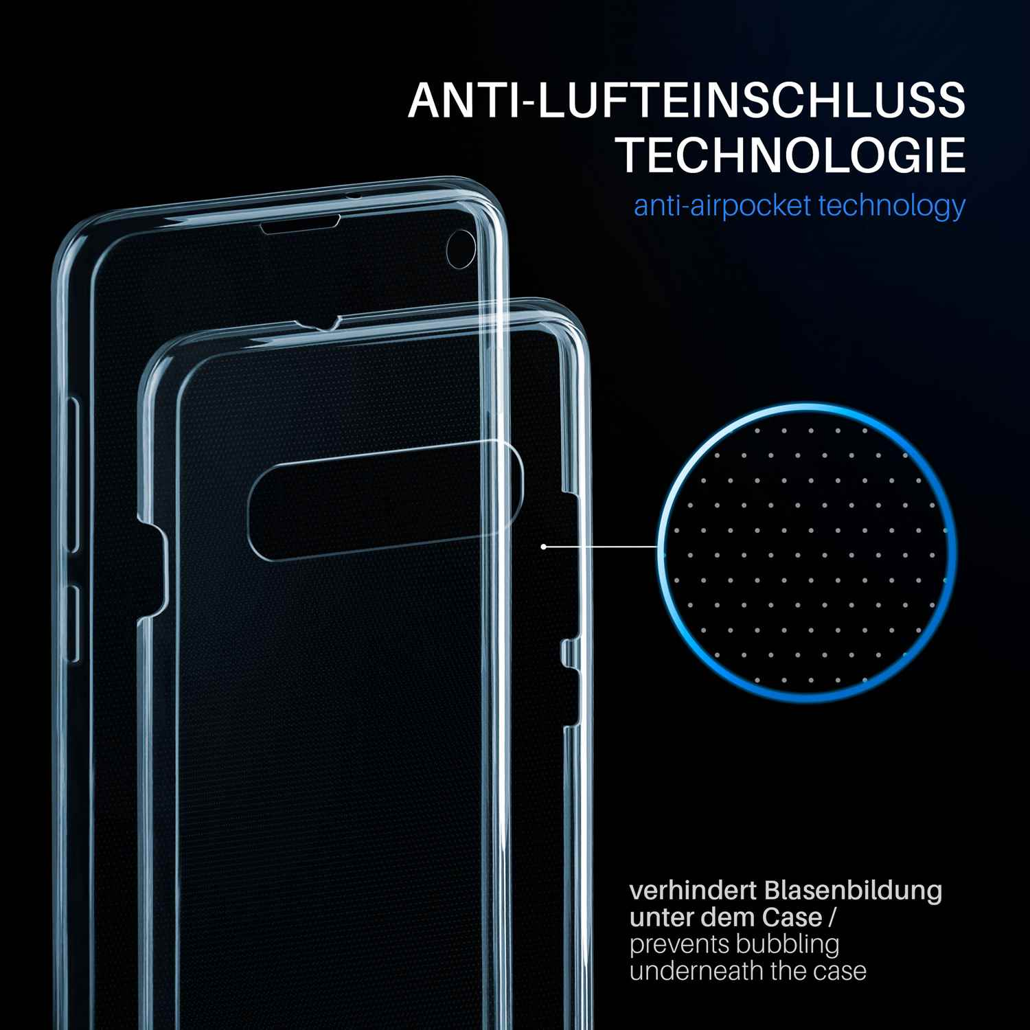 Zwei transparente Handyhüllen. Eine zeigt die Punkte für Anti-Luftblasen-Technologie.